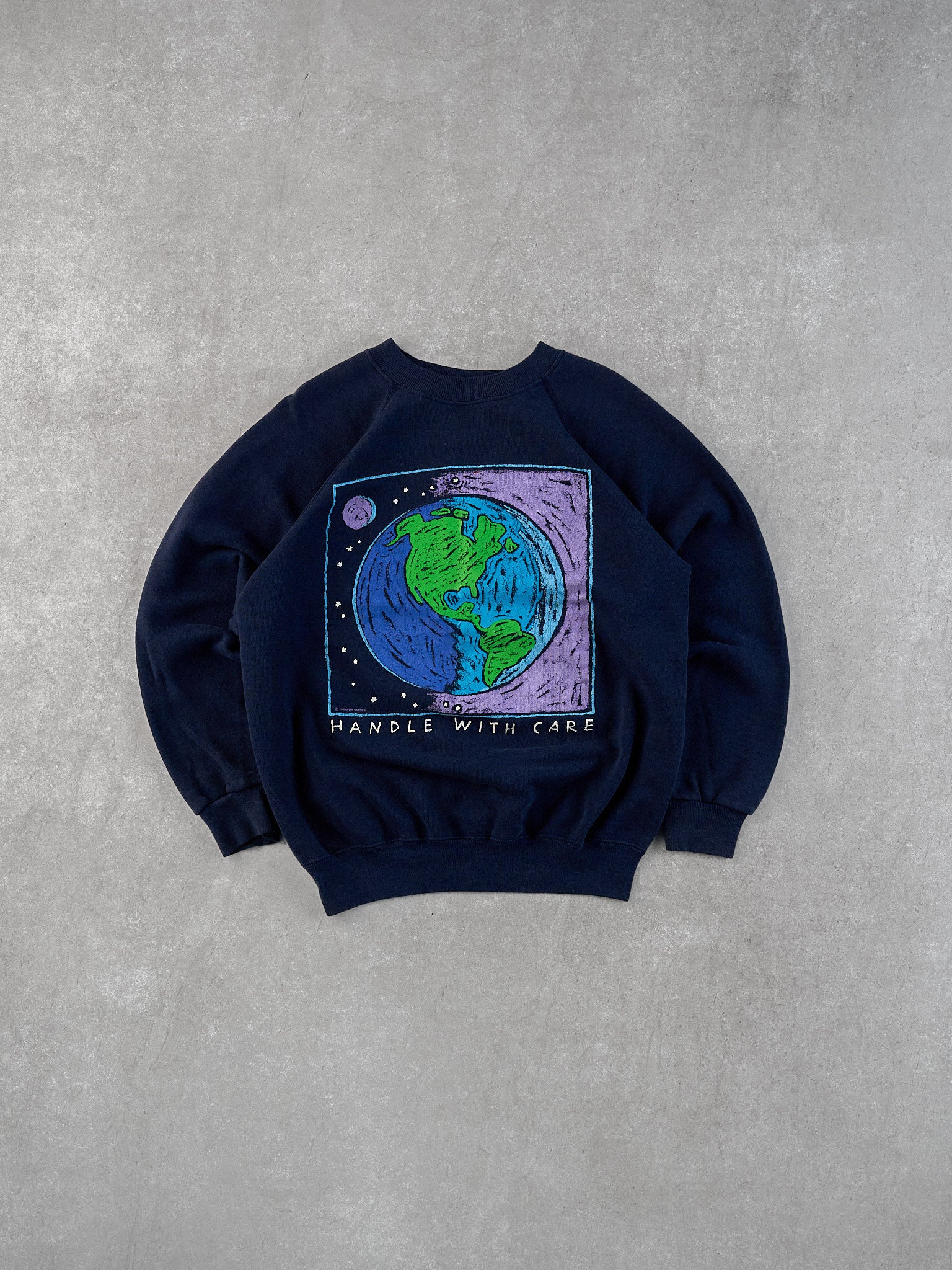 Vintage Navy Blue Handle With Care Earth Graphic Tee (M)