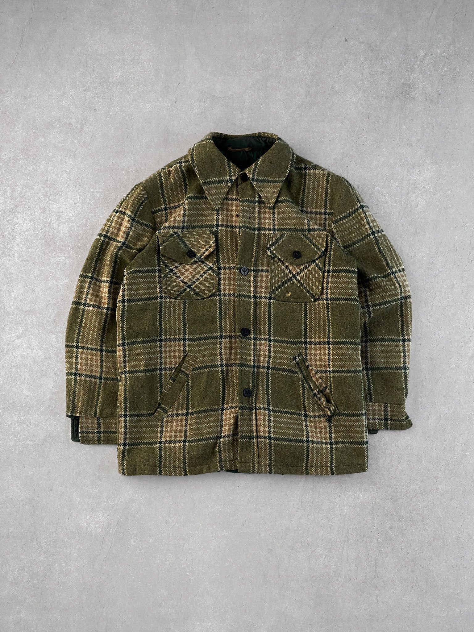 Vintage 90s Moss Green and Brown Sears Sports Plaid Collared Button Up (M)