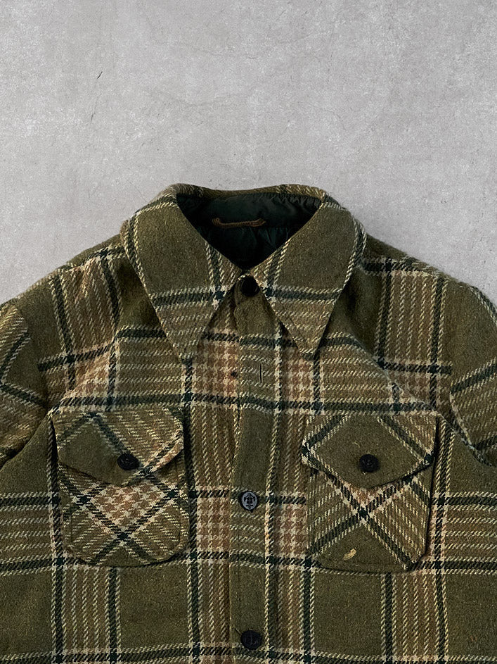 Vintage 90s Moss Green and Brown Sears Sports Plaid Collared Button Up (M)