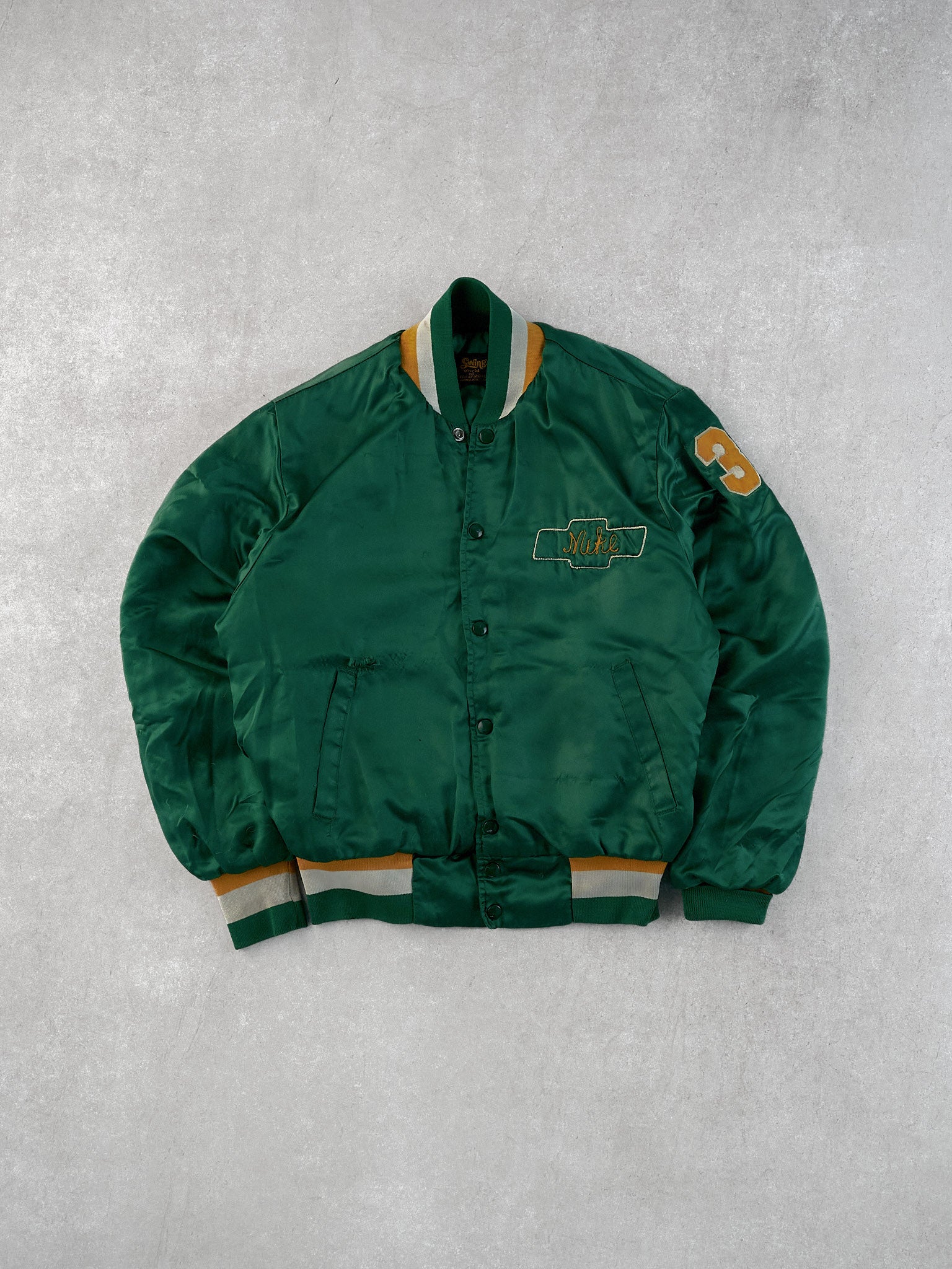 Vintage 70s Green and Yellow Chevrolet Central Office Chain Stitched Stain Bomber Jacket (L)