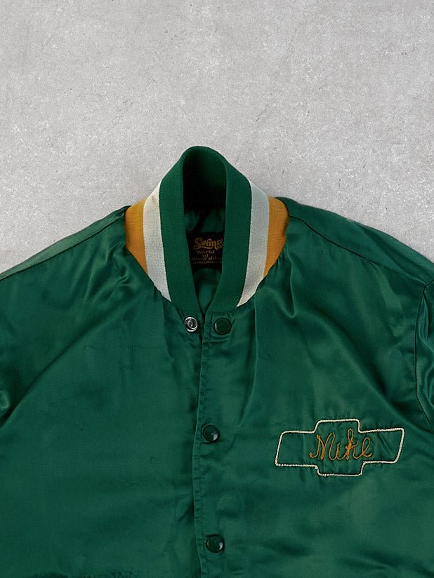 Vintage 70s Green and Yellow Chevrolet Central Office Chain Stitched Stain Bomber Jacket (L)