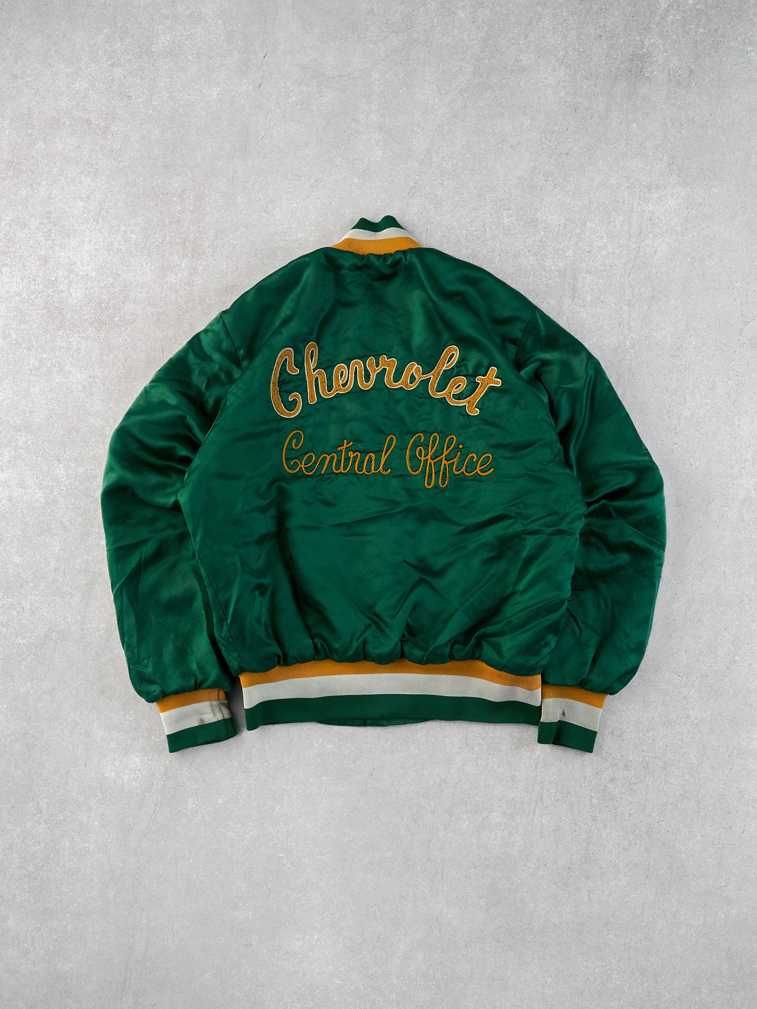 Vintage 70s Green and Yellow Chevrolet Central Office Chain Stitched Stain Bomber Jacket (L)