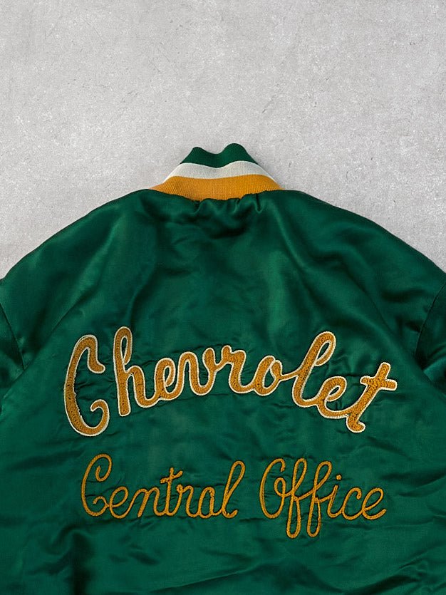Vintage 70s Green and Yellow Chevrolet Central Office Chain Stitched Stain Bomber Jacket (L)