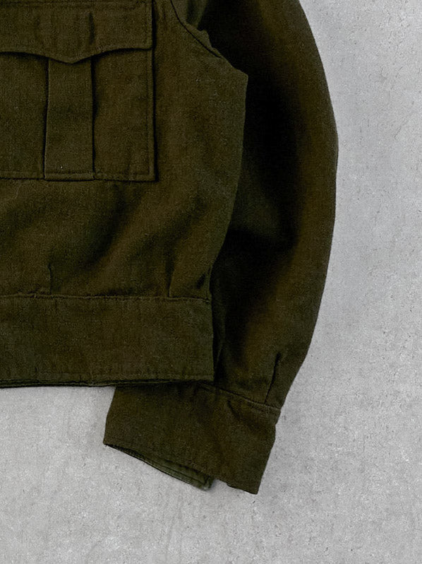 Vintage 90s Moss Green Army Knit Collared Utility Cropped Button Up (M)