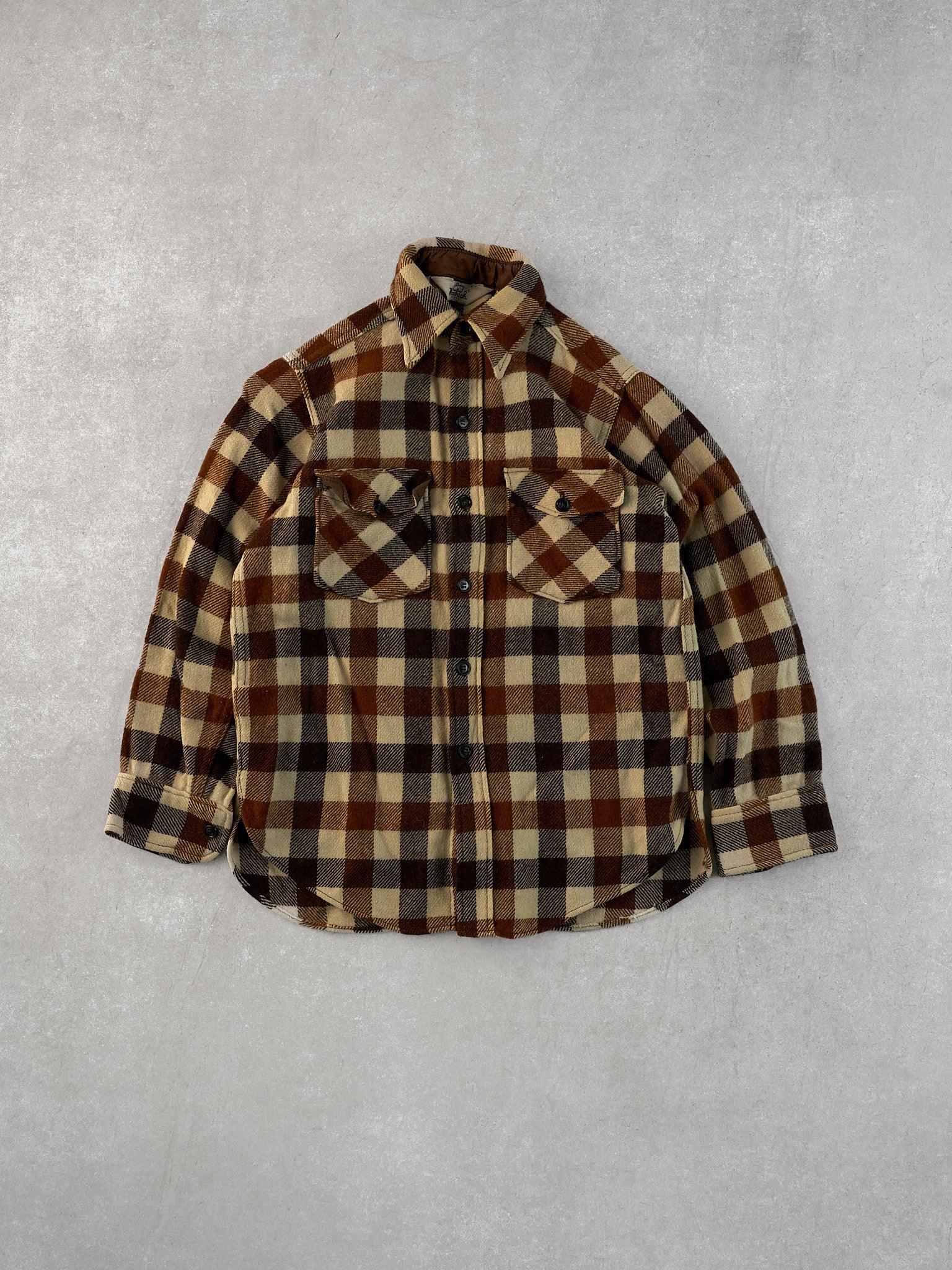 Vintage 90s Brown and Beige Woolrich Plaid Wool Button Up (S)