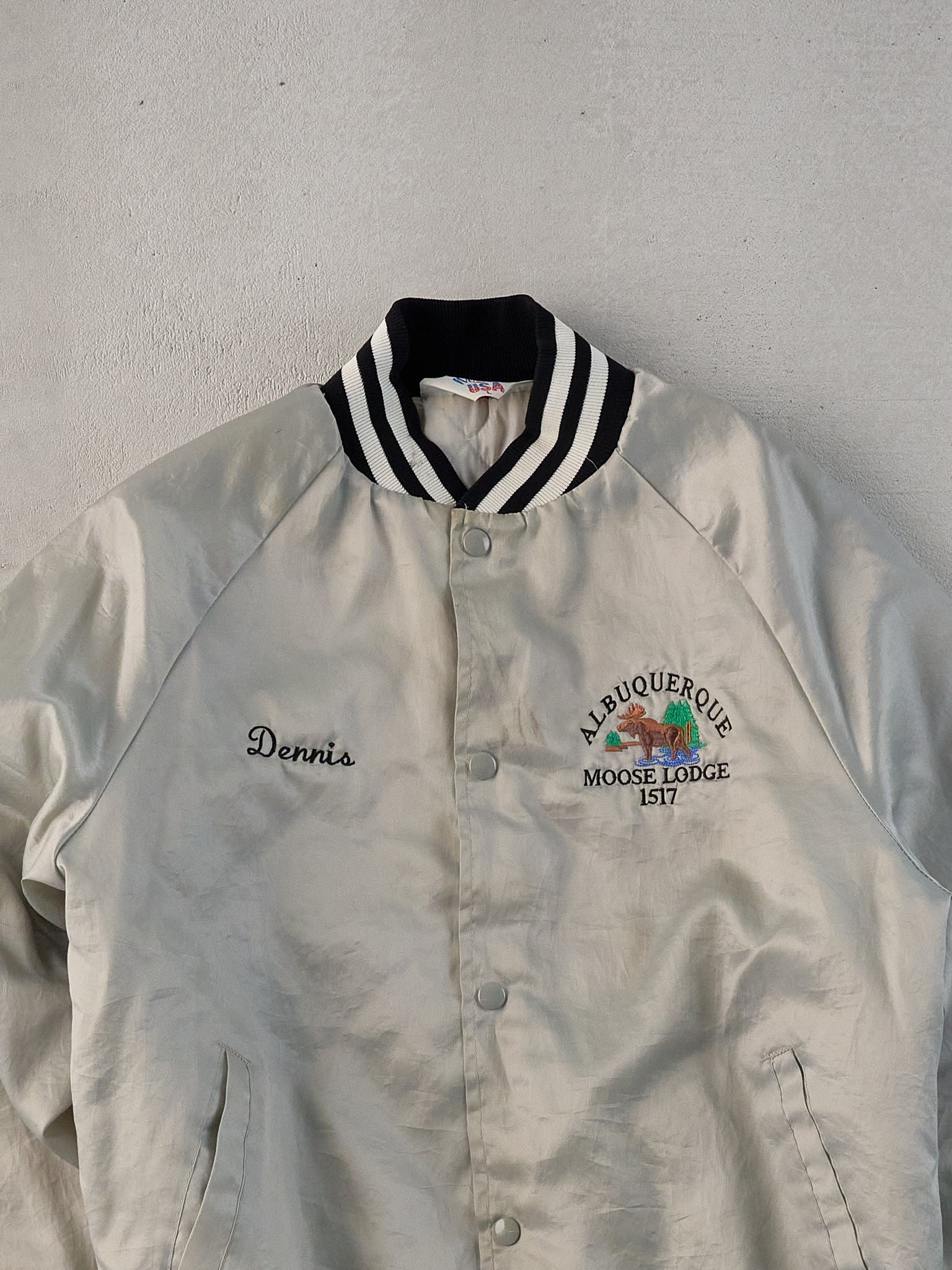 Vintage 70s Grey Albuquerque Moose Lodge Satin Bomber (L)