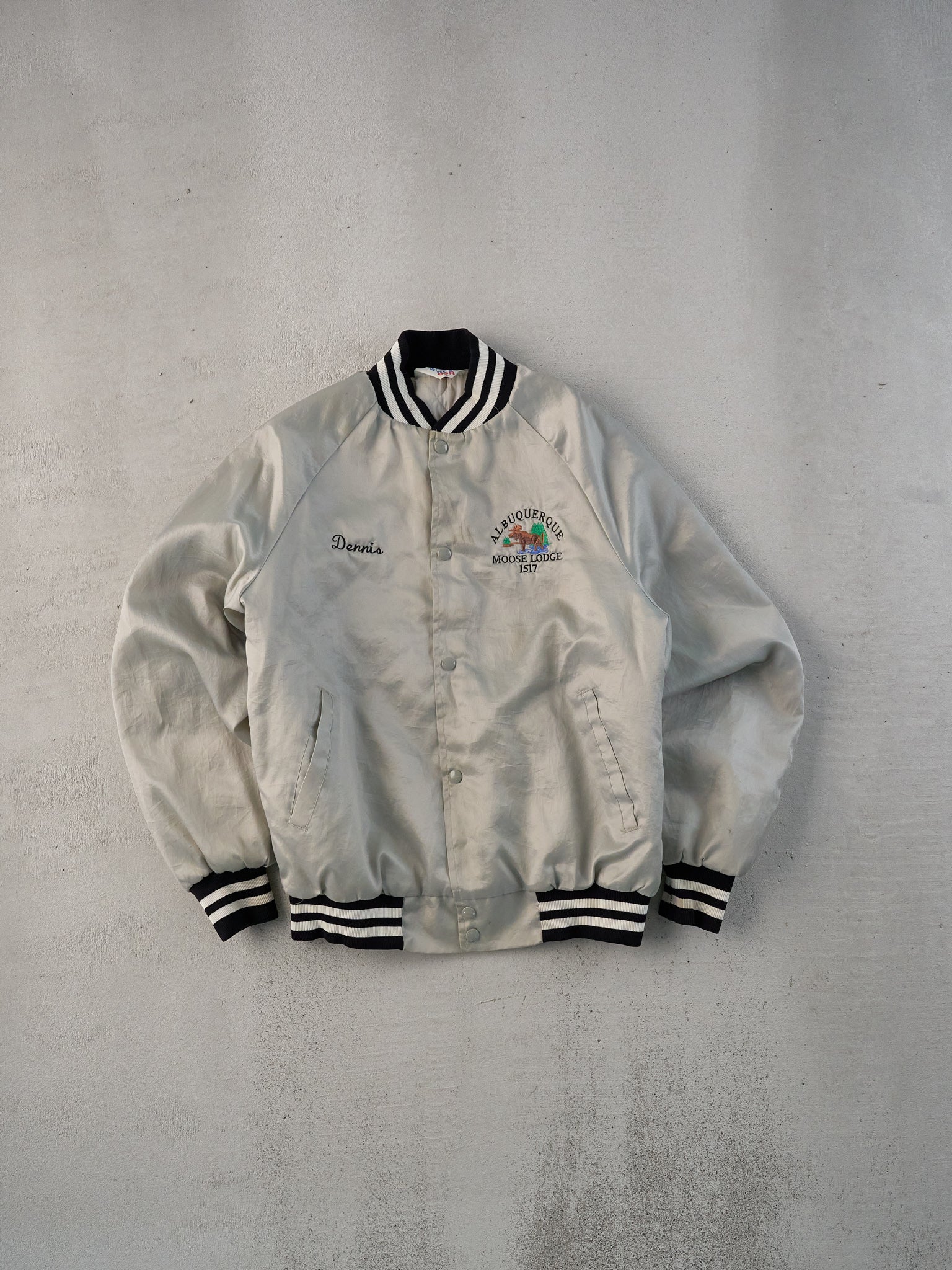 Vintage 70s Grey Albuquerque Moose Lodge Satin Bomber (L)