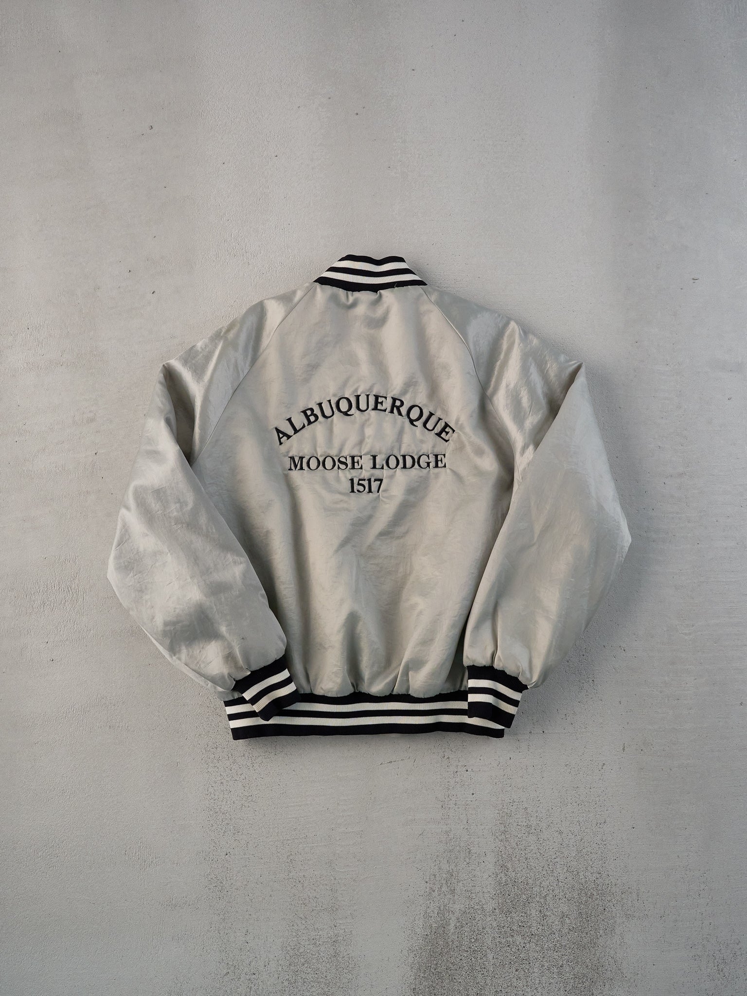 Vintage 70s Grey Albuquerque Moose Lodge Satin Bomber (L)