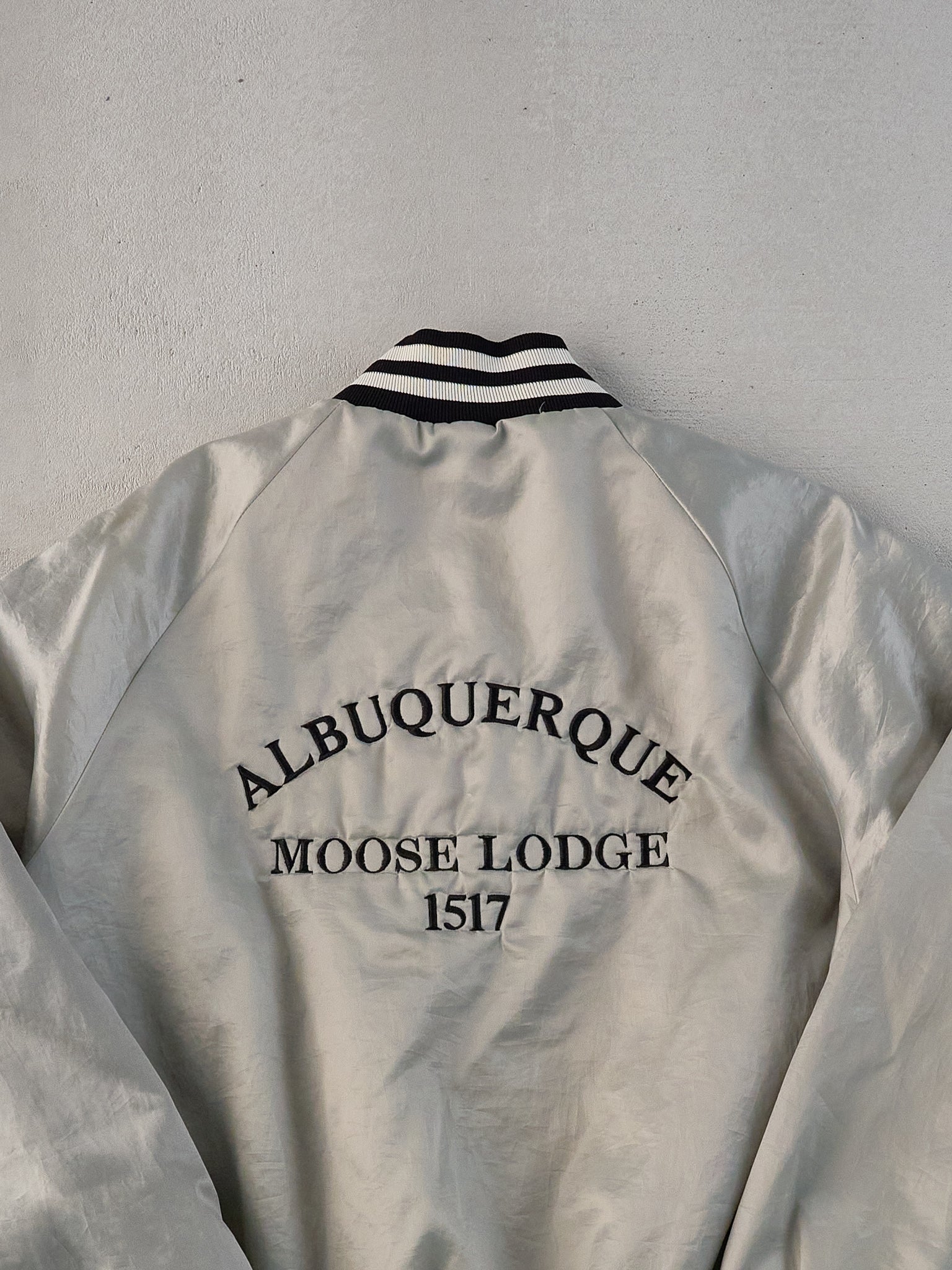 Vintage 70s Grey Albuquerque Moose Lodge Satin Bomber (L)