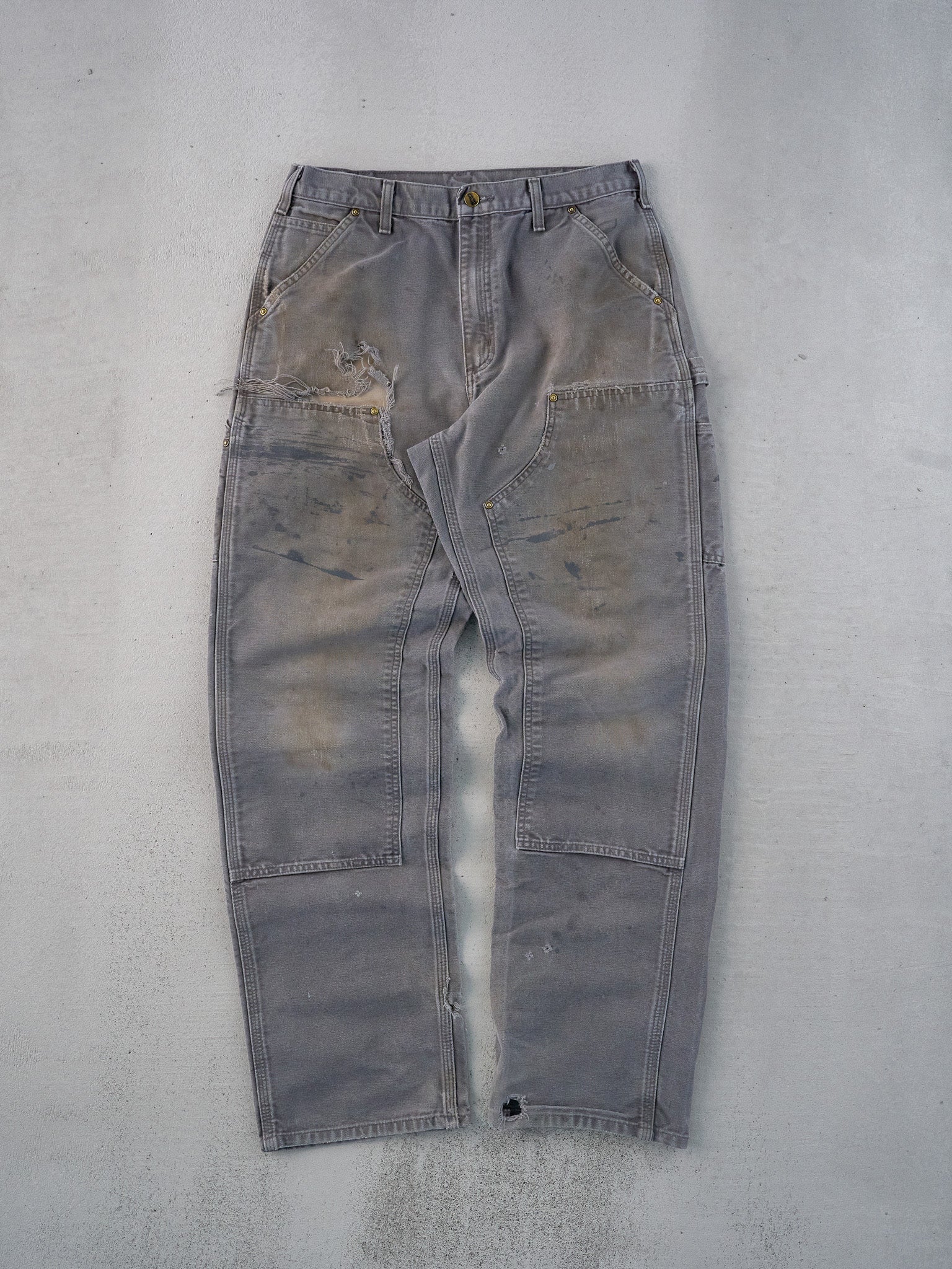 Vintage 90s Faded Grey Carhartt Distressed Double Knee Carpenter Pants (31x32)