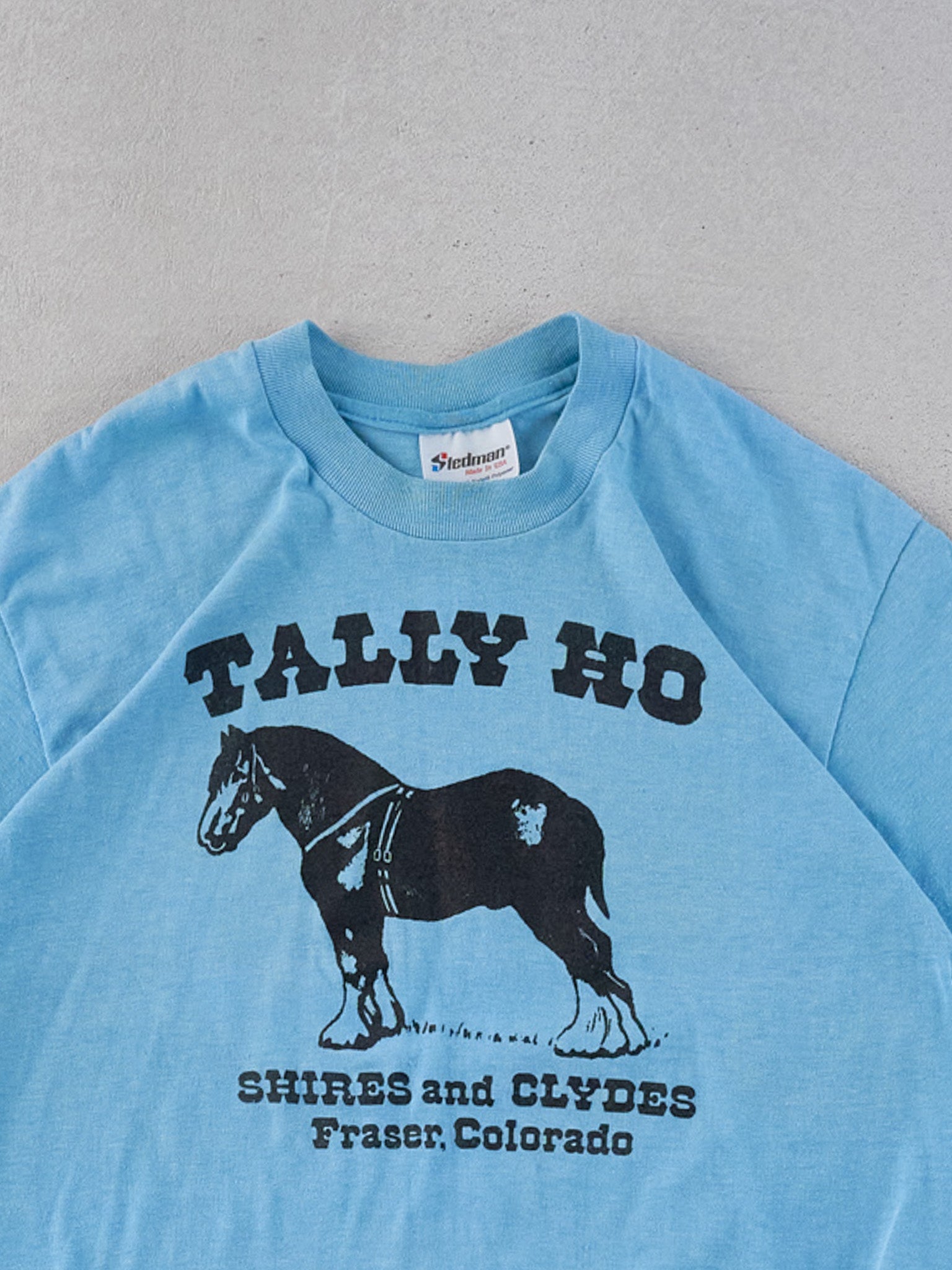 Vintage 70s Powder Blue Single Stitched Tallo Ho Horse Graphic Tee (XS)