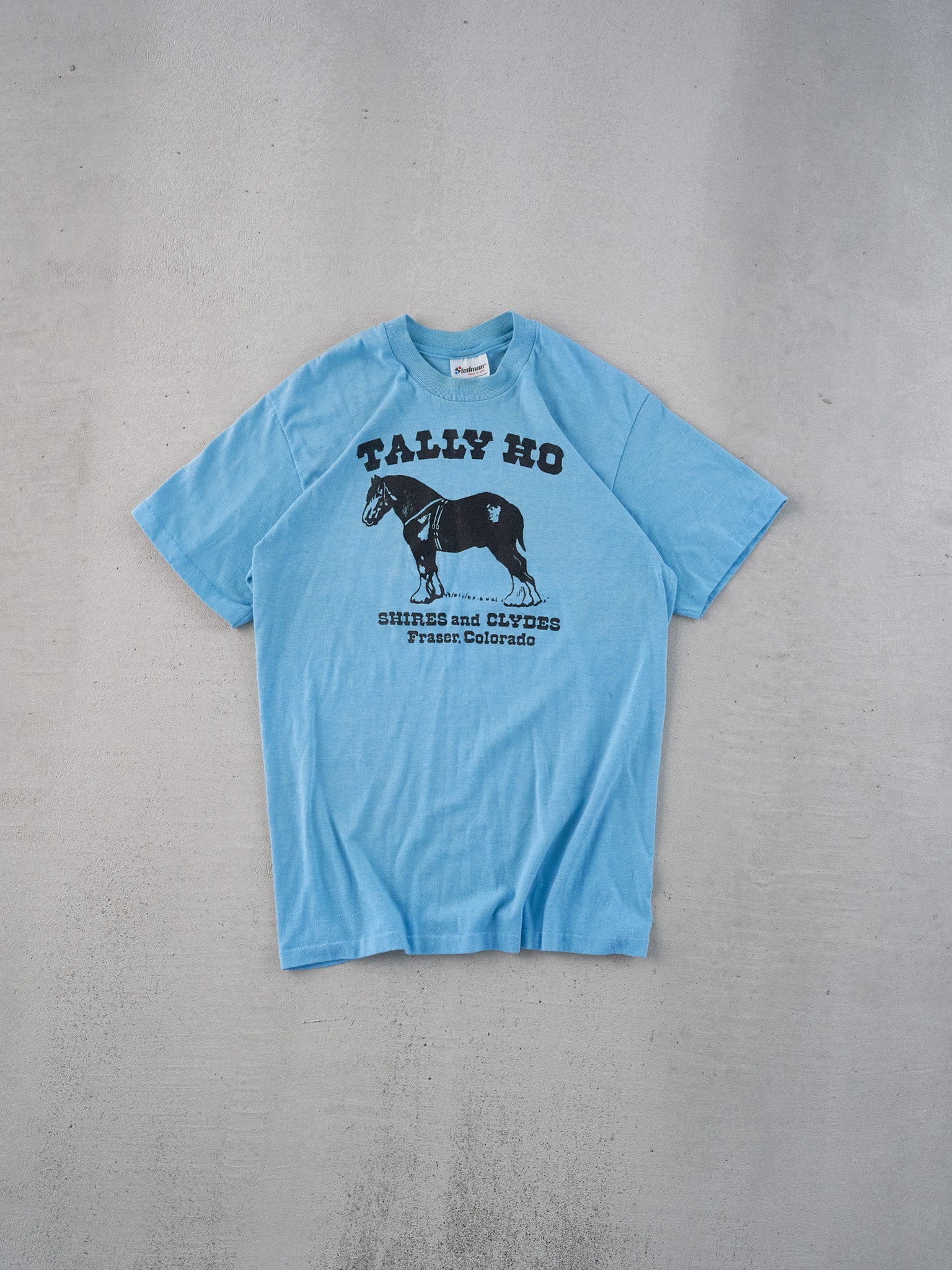 Vintage 70s Powder Blue Single Stitched Tallo Ho Horse Graphic Tee (XS)