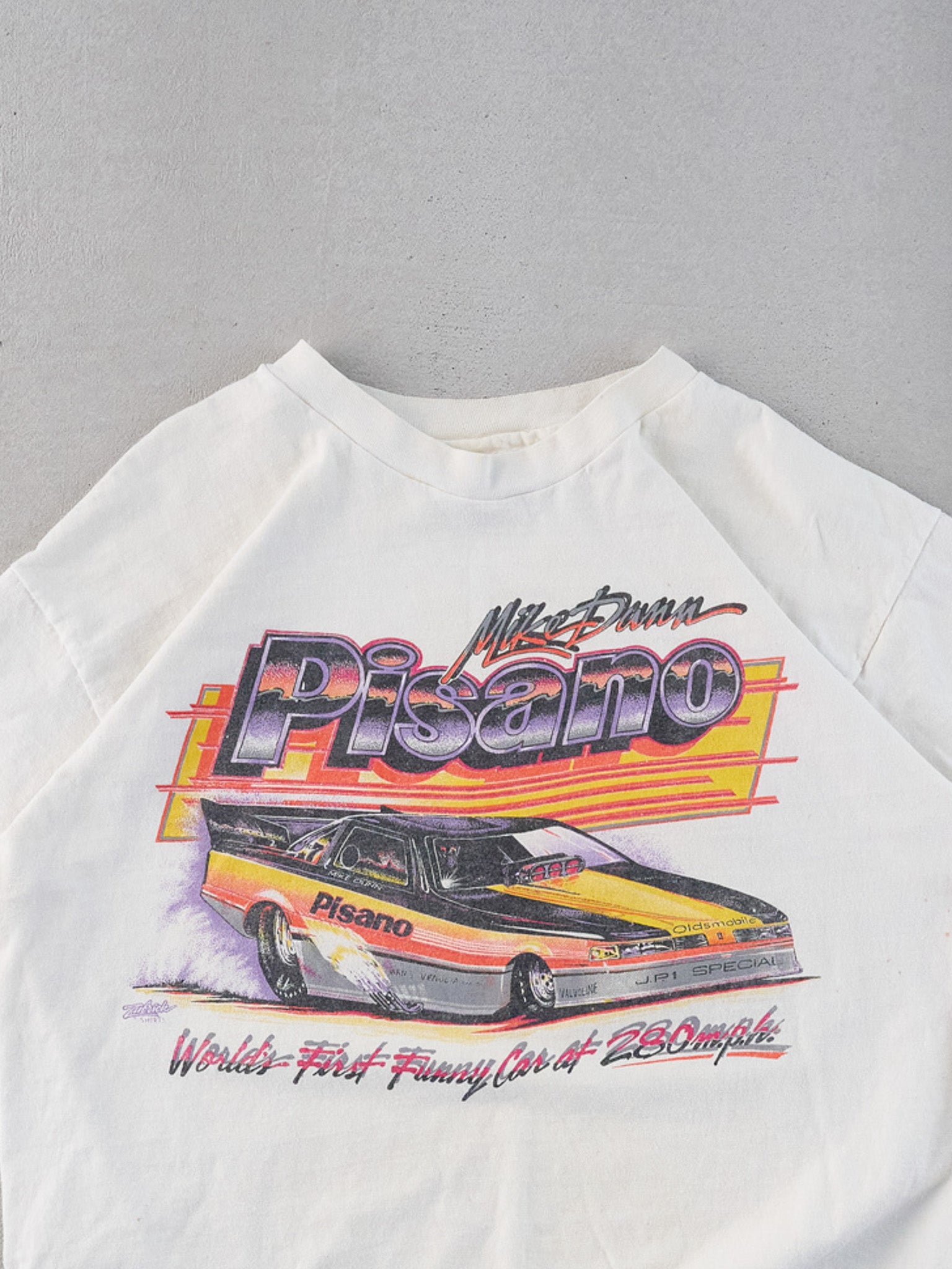 Vintage 89' White Single Stitched Mike Dann Pisano Racing Graphic Tee (M)
