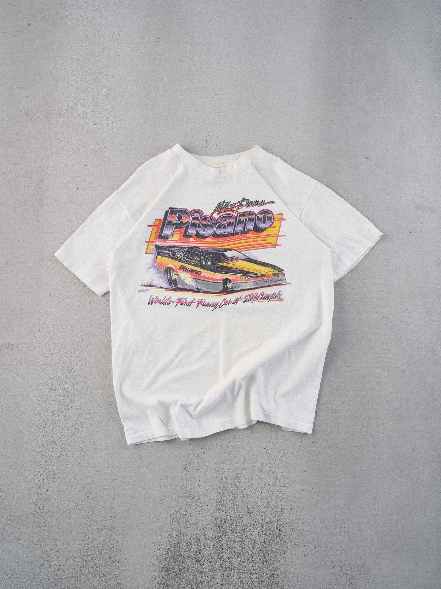 Vintage 89' White Single Stitched Mike Dann Pisano Racing Graphic Tee (M)