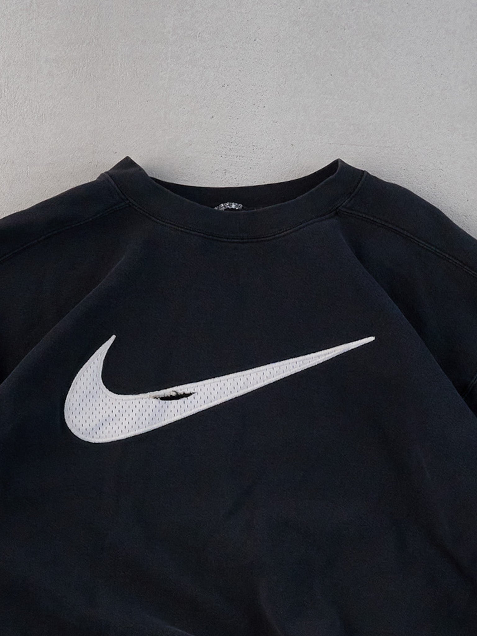 Vintage 90s Black Distressed Nike Swoosh Crewneck (M/L)