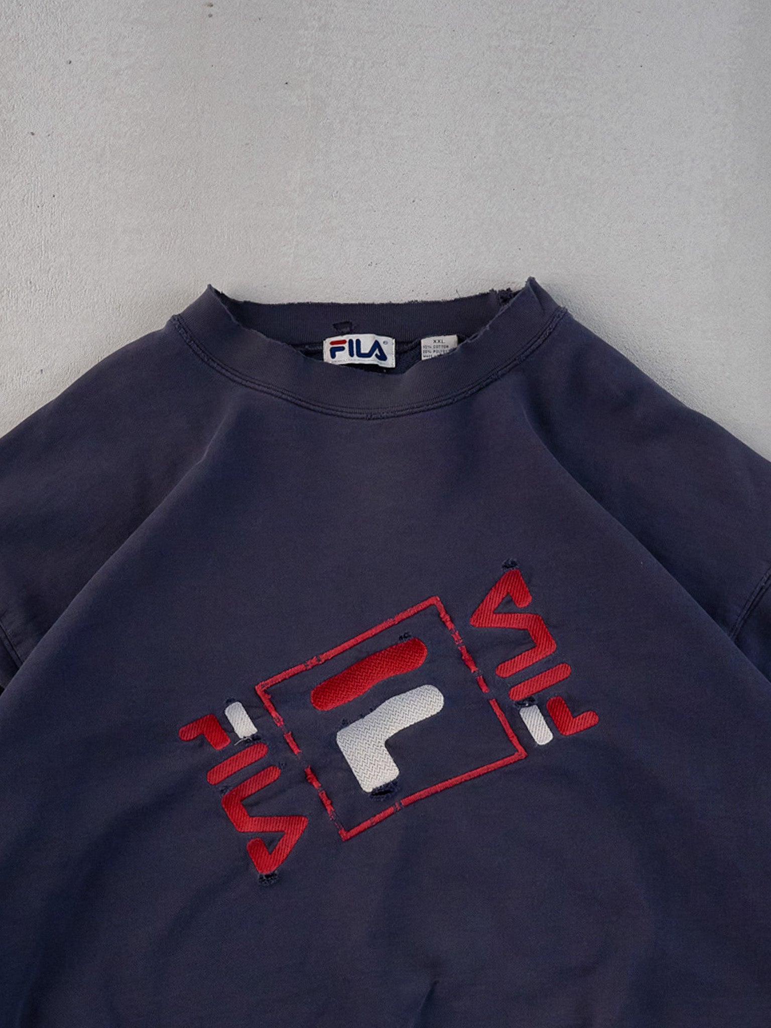 Vintage 90s Washed Navy Blue Fila Graphic Crewneck (XL)
