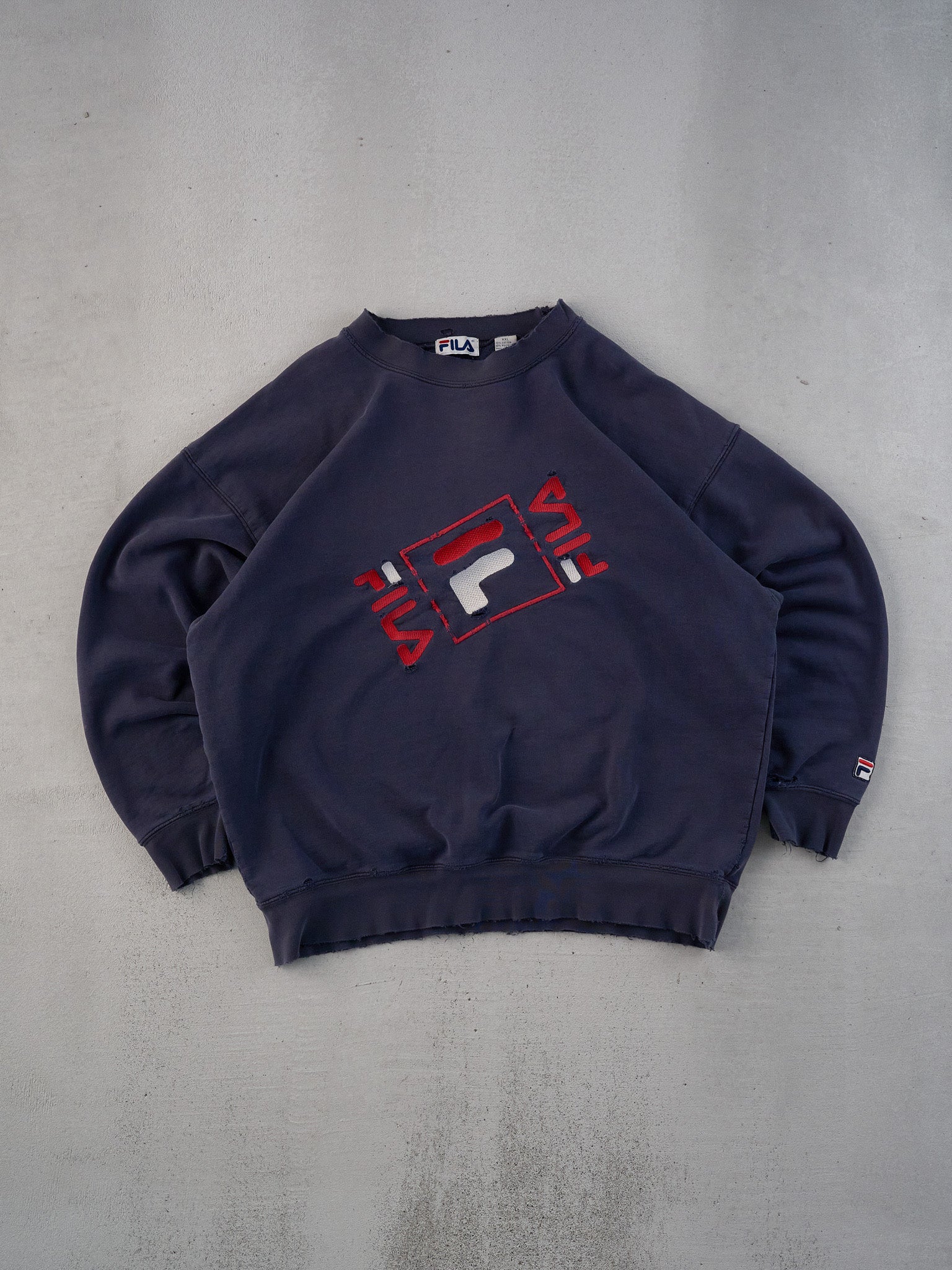 Vintage 90s Washed Navy Blue Fila Graphic Crewneck (XL)