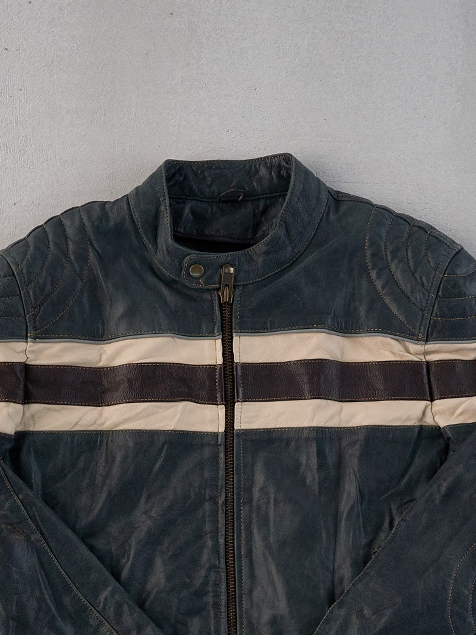 Vintage 90s Green, Black and White Motorcycle Biker Leather Jacket-M