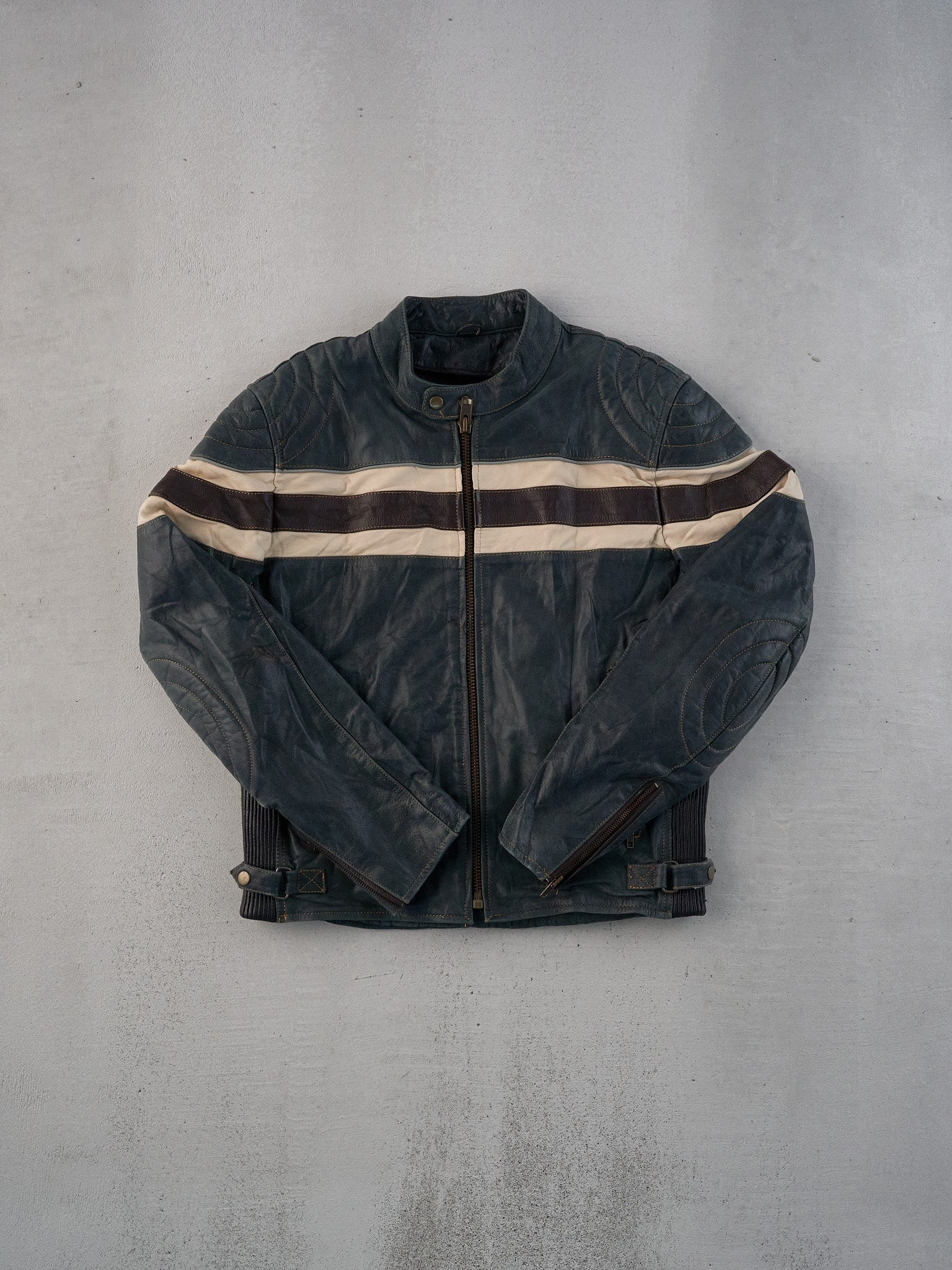 Vintage 90s Green, Black and White Motorcycle Biker Leather Jacket-M