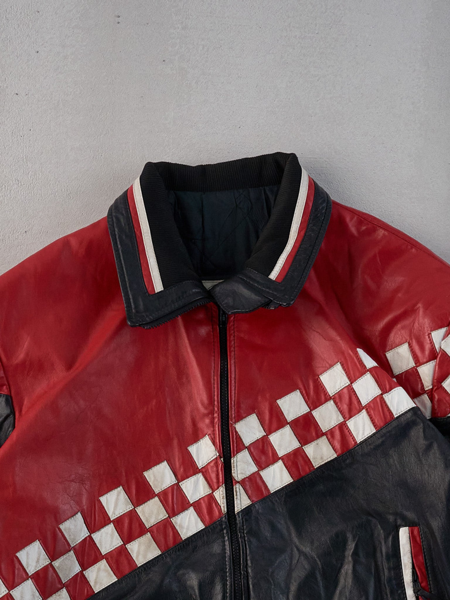 Vintage 90s Red Checkerboard Bristol Collared Leather Jacket (M/L)