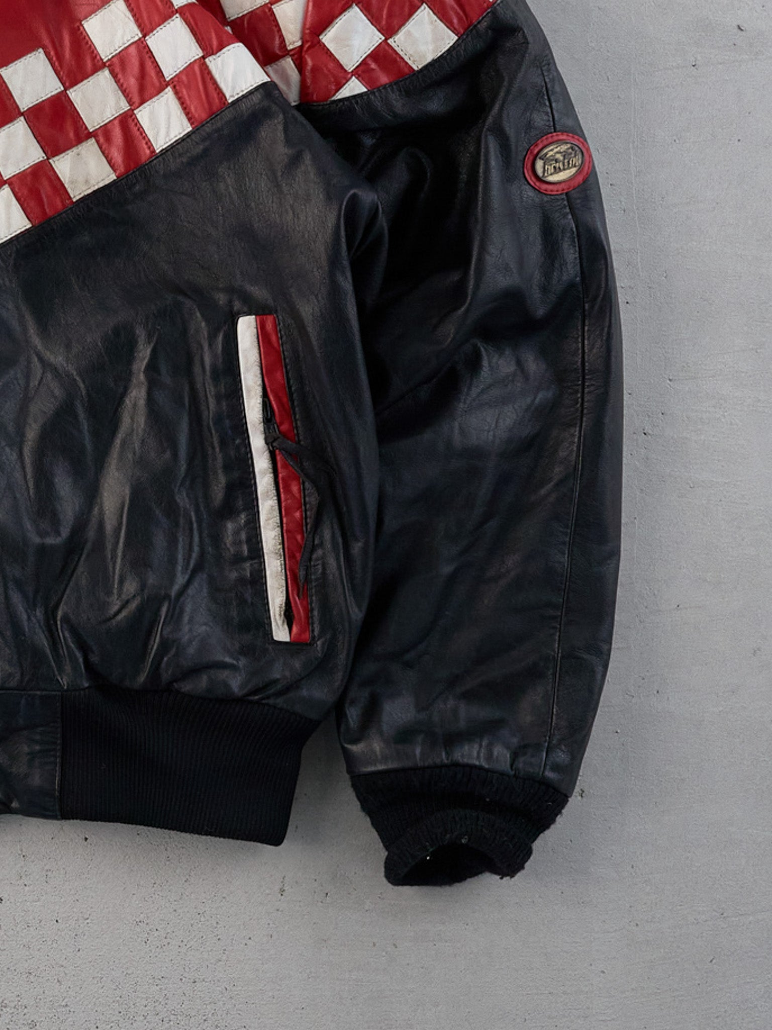 Vintage 90s Red Checkerboard Bristol Collared Leather Jacket (M/L)