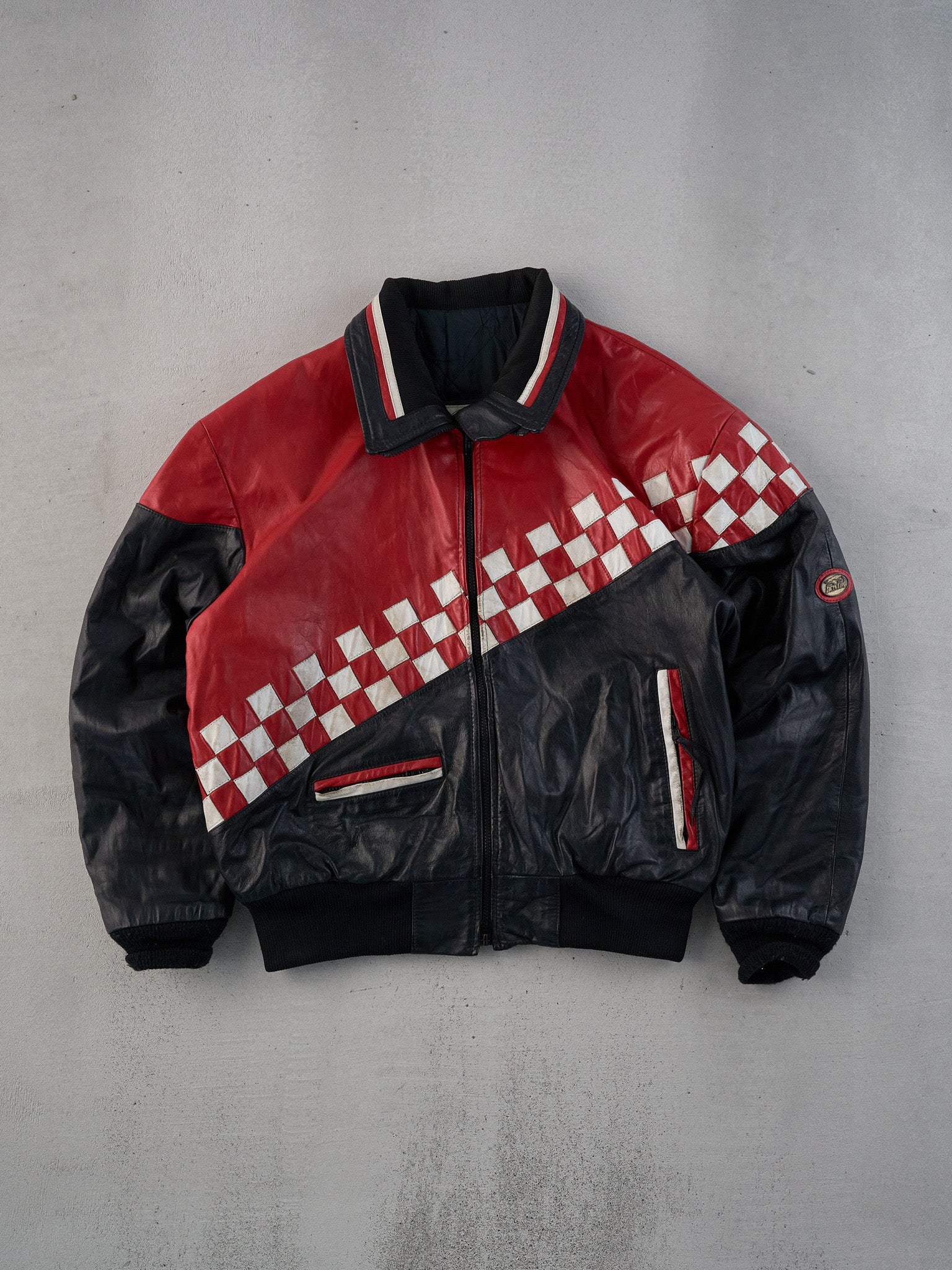 Vintage 90s Red Checkerboard Bristol Collared Leather Jacket (M/L)