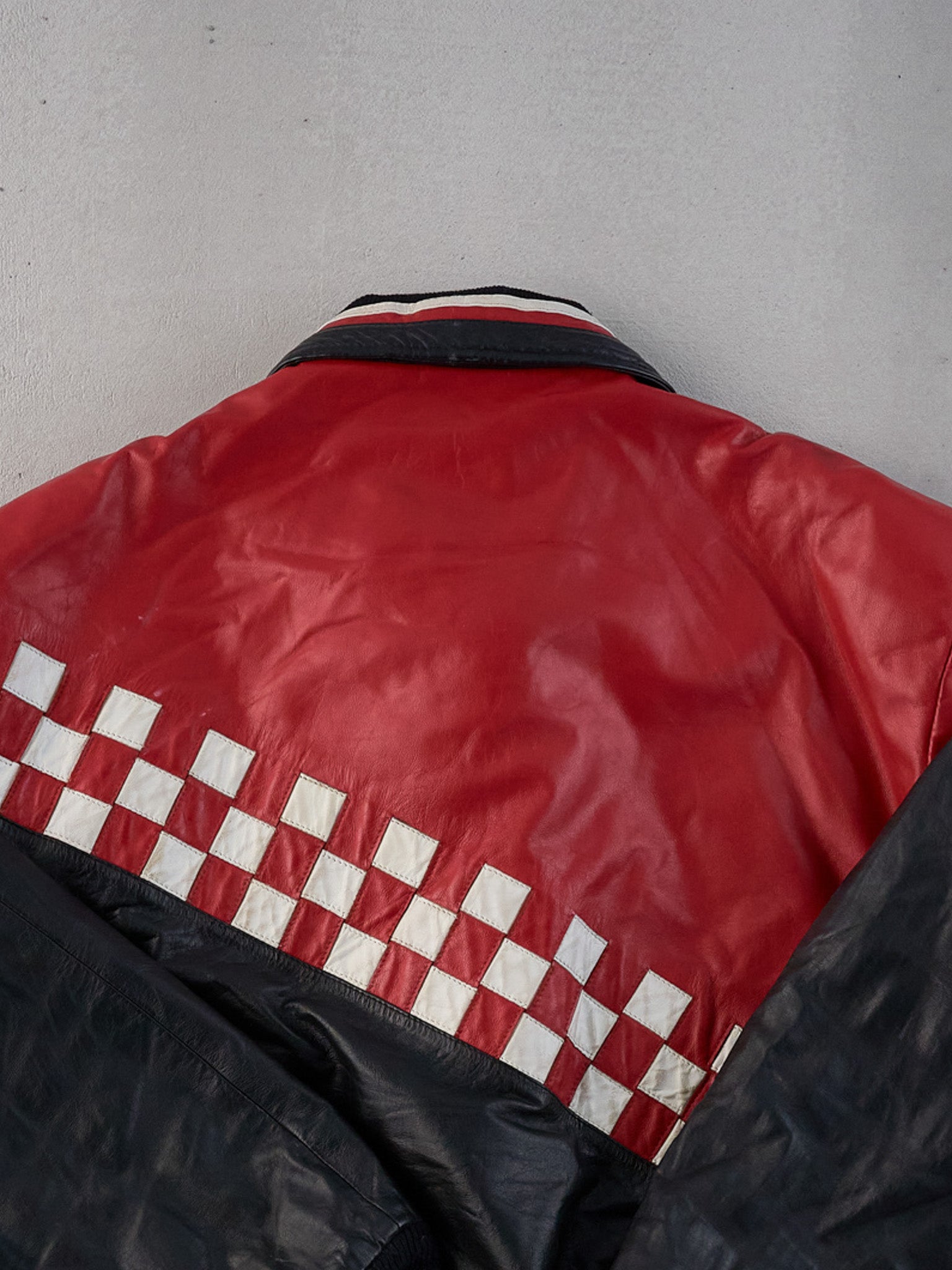 Vintage 90s Red Checkerboard Bristol Collared Leather Jacket (M/L)