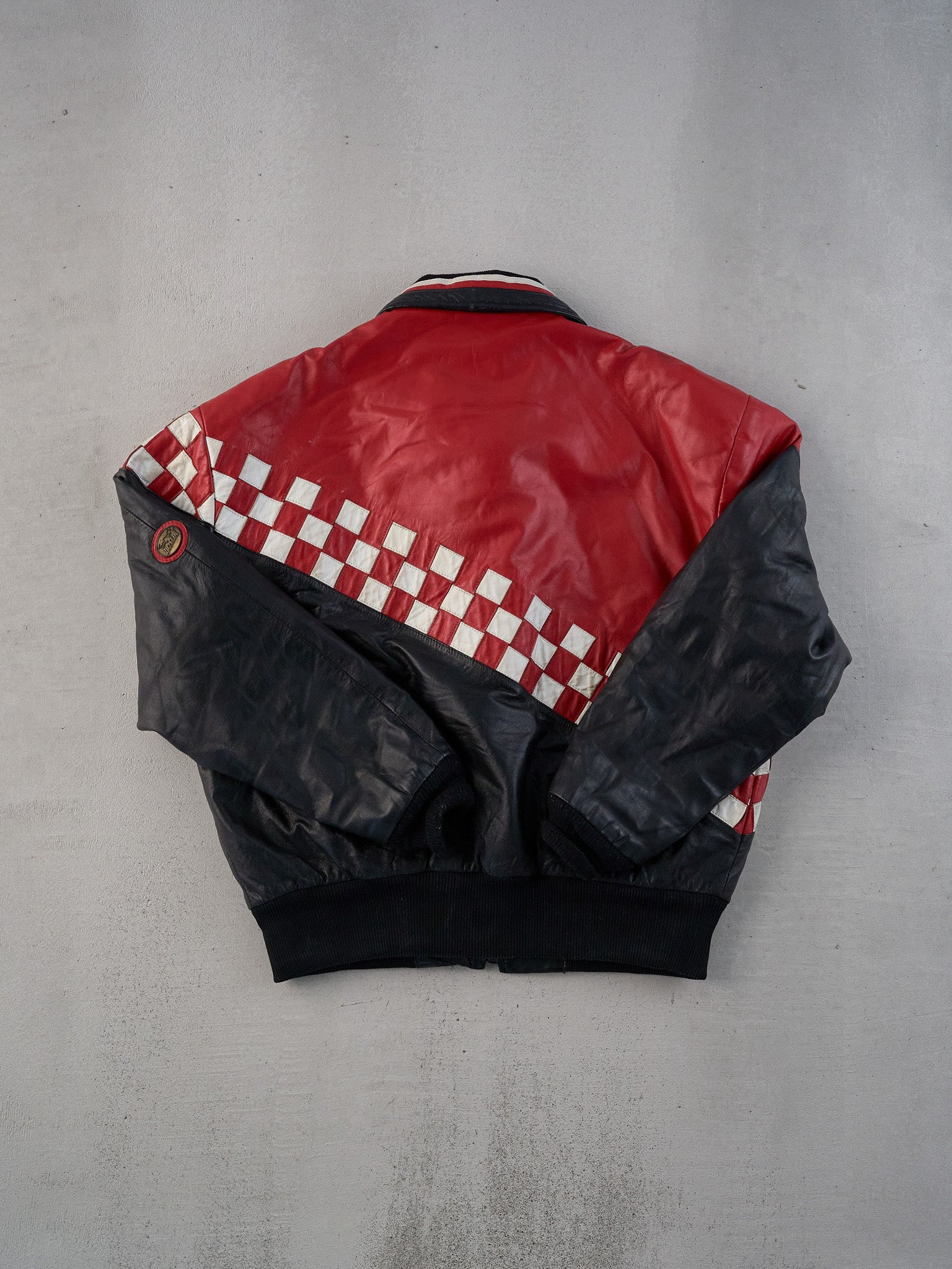 Vintage 90s Red Checkerboard Bristol Collared Leather Jacket (M/L)