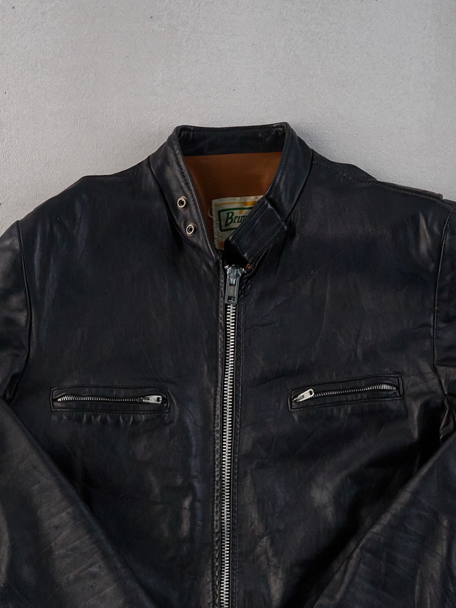 Vintage 70s Black Brimaco Collared Leather Jacket (M)