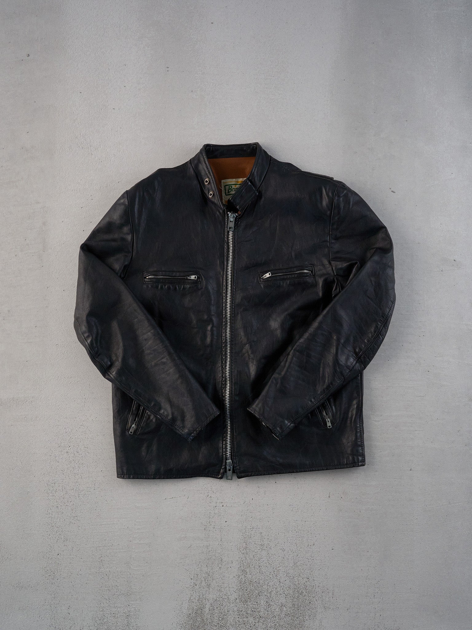 Vintage 70s Black Brimaco Collared Leather Jacket (M)