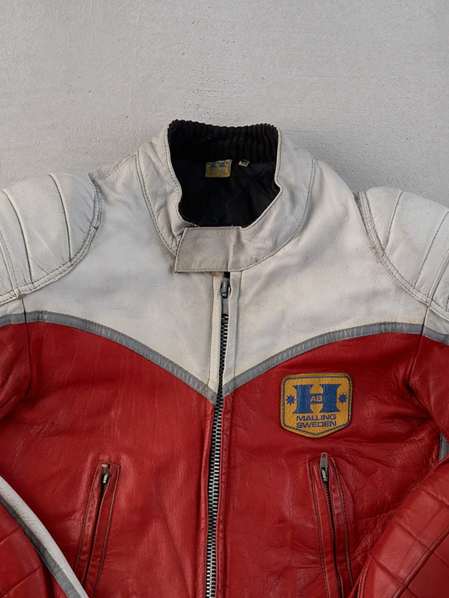 Vintage 70s Red and White Malung Sweden Motorcycle Leather Jacket (M)