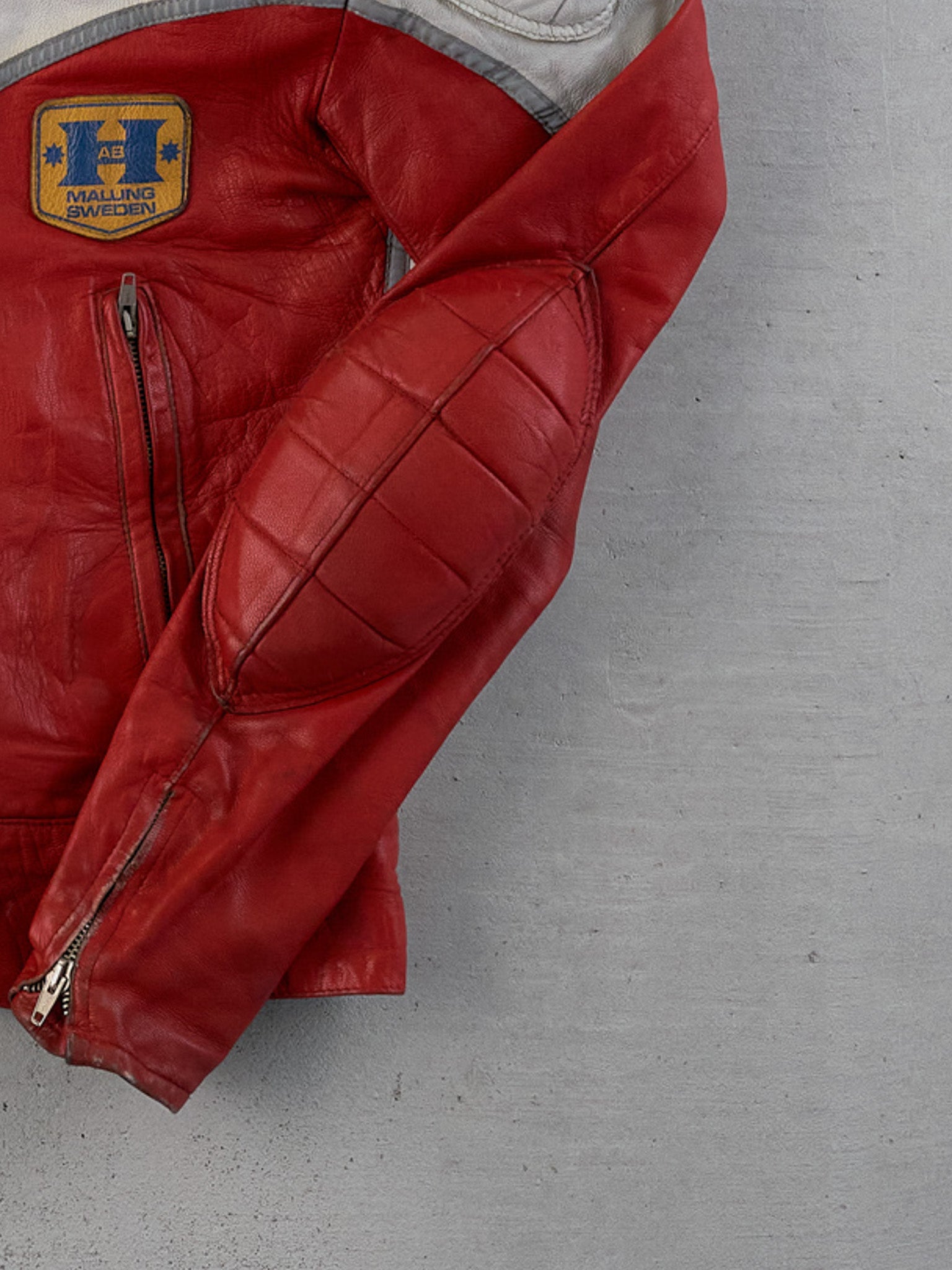 Vintage 70s Red and White Malung Sweden Motorcycle Leather Jacket (M)