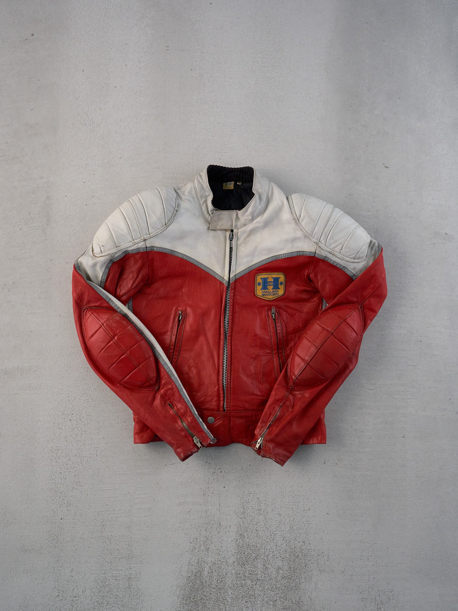 Vintage 70s Red and White Malung Sweden Motorcycle Leather Jacket (M)