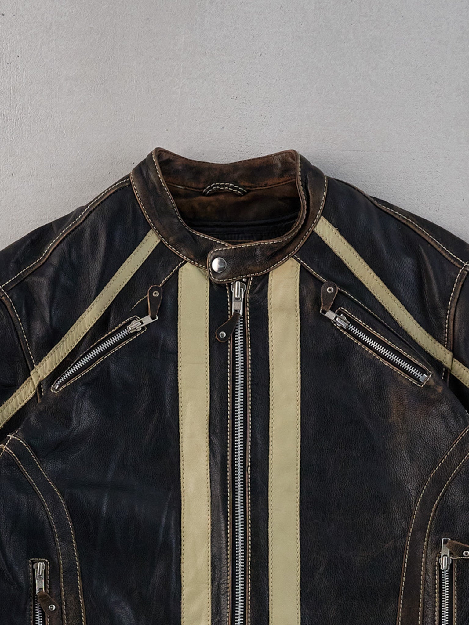 Vintage 90s Black and Beige CMM Striped Leather Jacket (L)