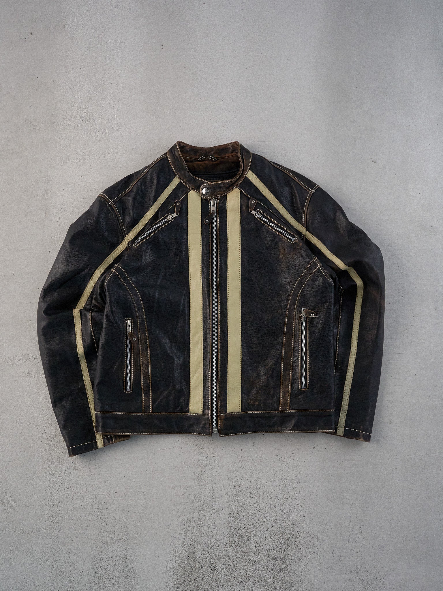 Vintage 90s Black and Beige CMM Striped Leather Jacket (L)