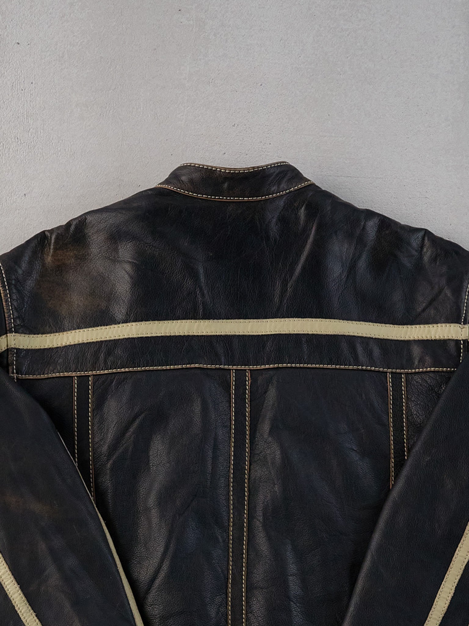Vintage 90s Black and Beige CMM Striped Leather Jacket (L)
