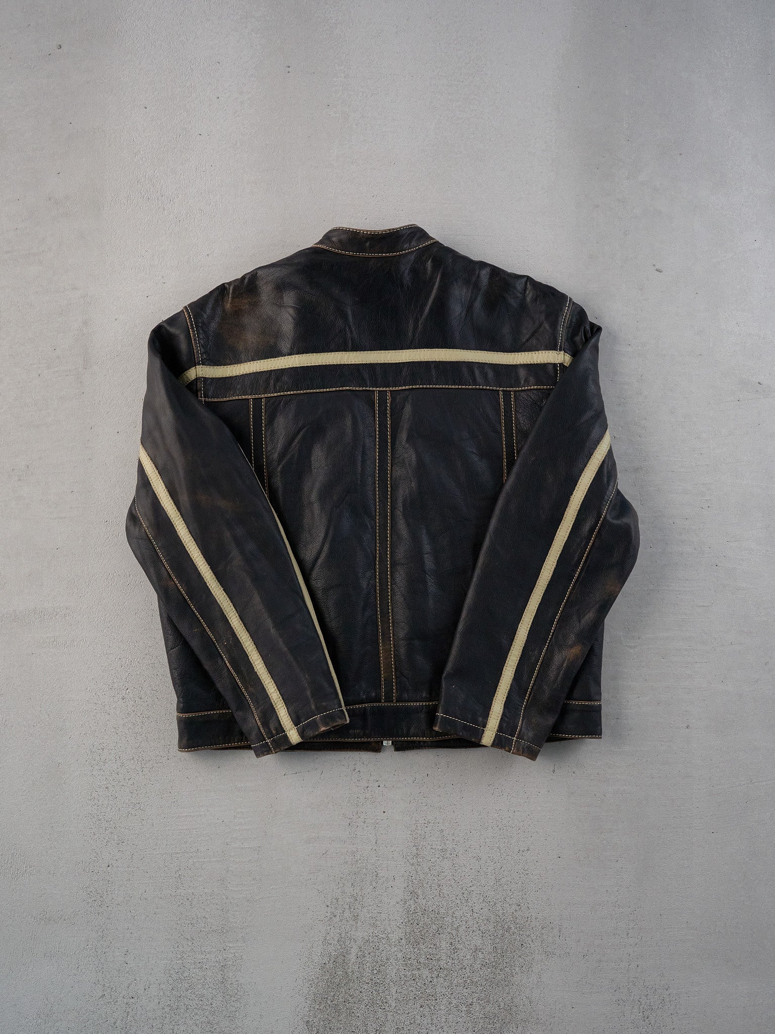 Vintage 90s Black and Beige CMM Striped Leather Jacket (L)