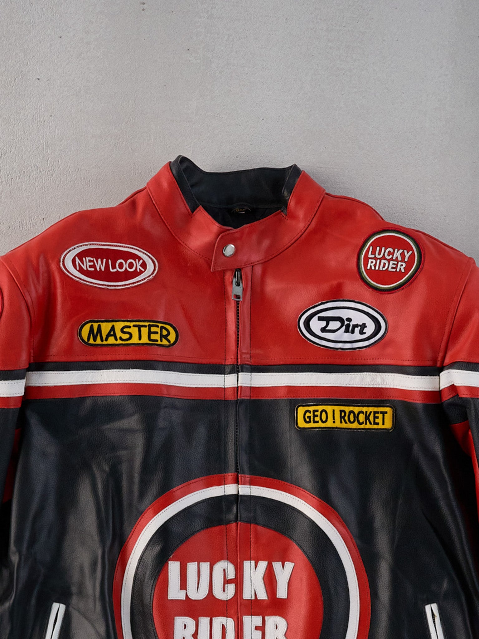 Vintage 90s Rare Red, Black and White Lucky Rider Biker Leather Jacket (L)