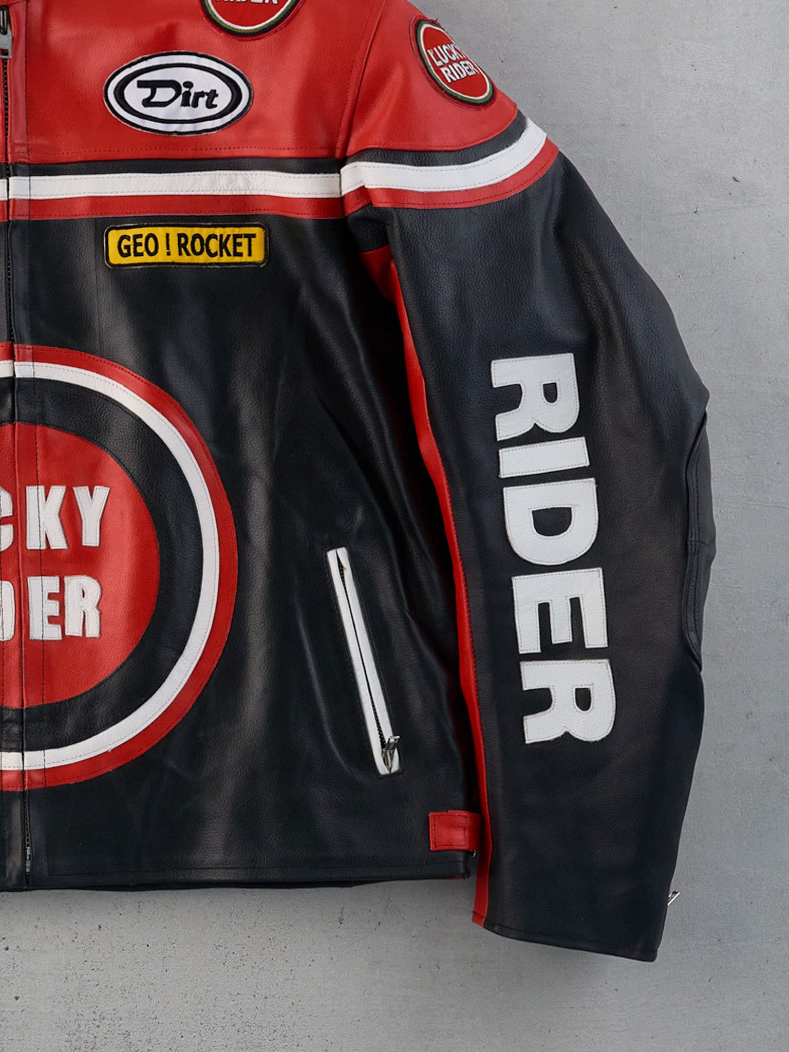 Vintage 90s Rare Red, Black and White Lucky Rider Biker Leather Jacket ...