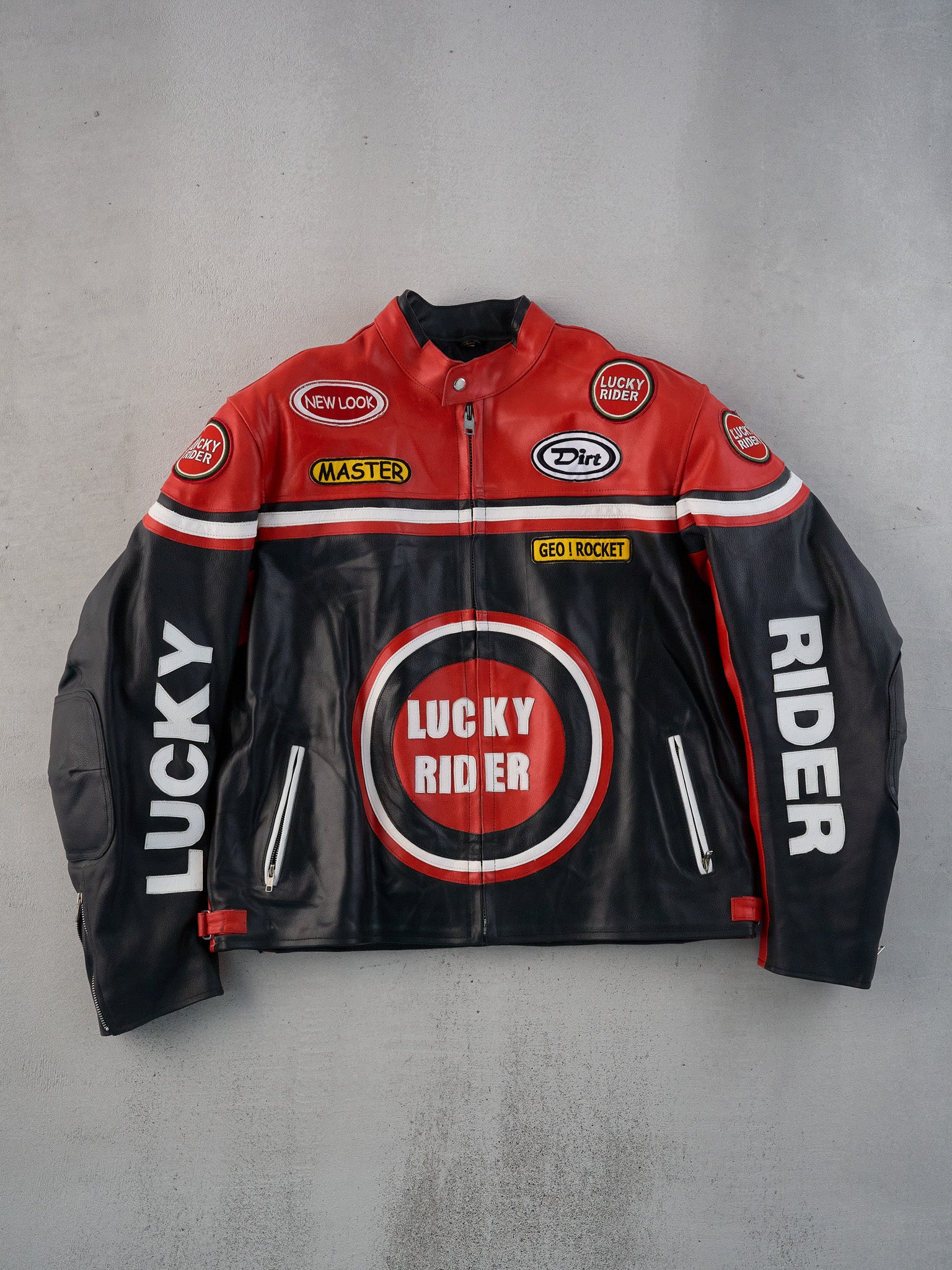 Vintage 90s Rare Red, Black and White Lucky Rider Biker Leather Jacket ...