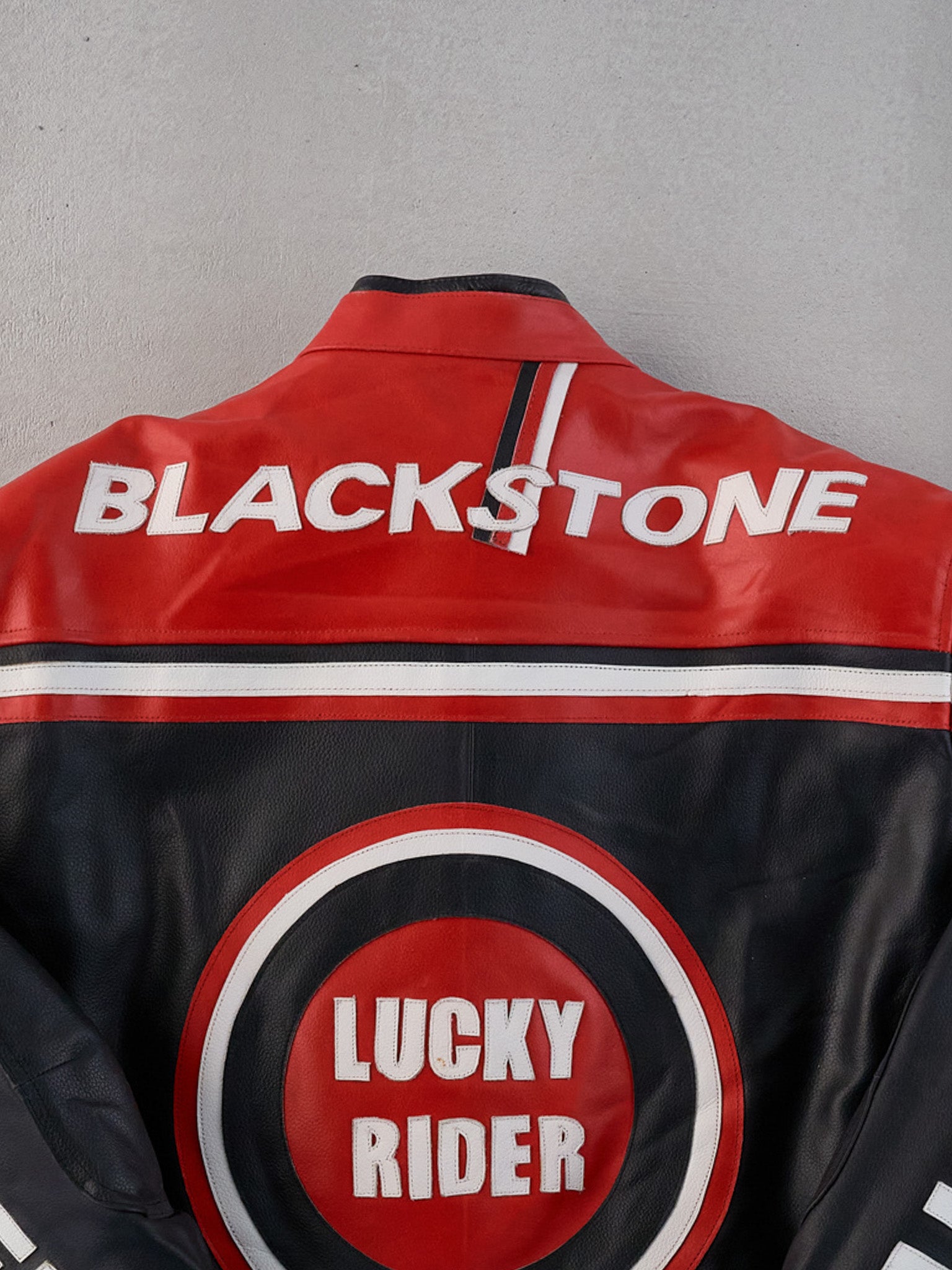 Vintage 90s Rare Red, Black and White Lucky Rider Biker Leather Jacket (L)