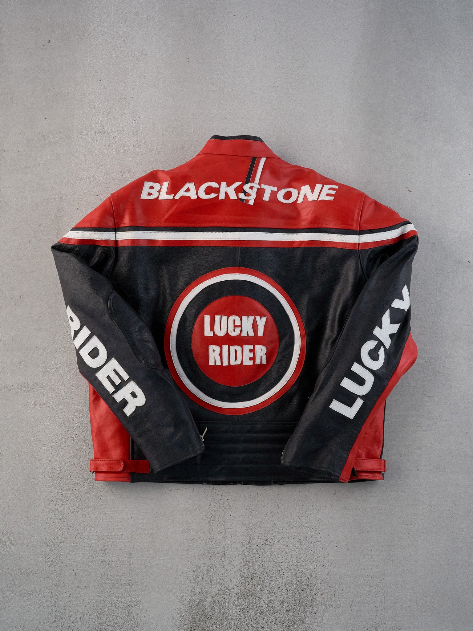 Vintage 90s Rare Red, Black and White Lucky Rider Biker Leather Jacket (L)