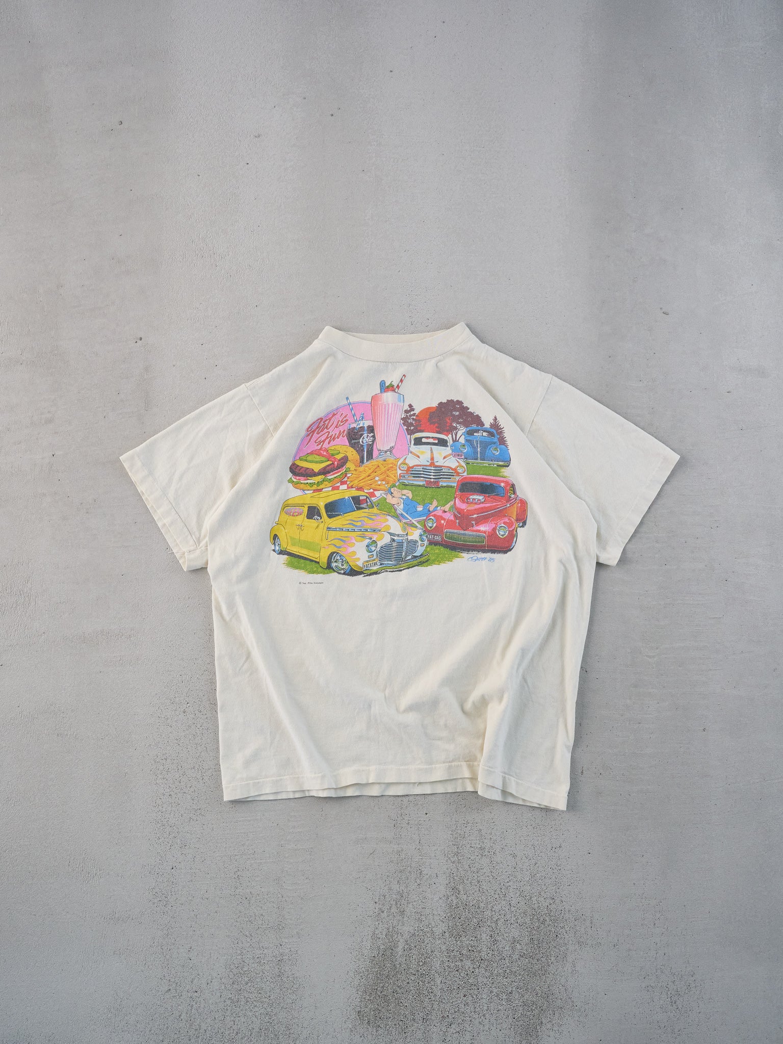 Vintage 85' White Fat is Fun Hot Riders Single Stitch Tee (M)