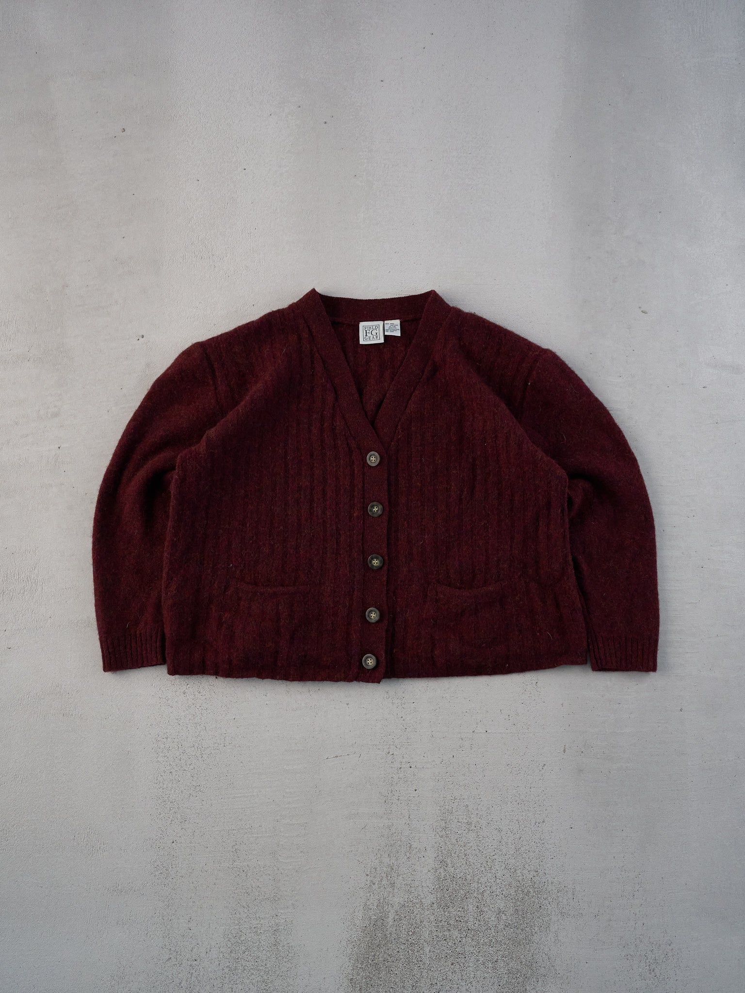 Vintage 80s Maroon Field Gear Knit Boxy Cardigan (M)