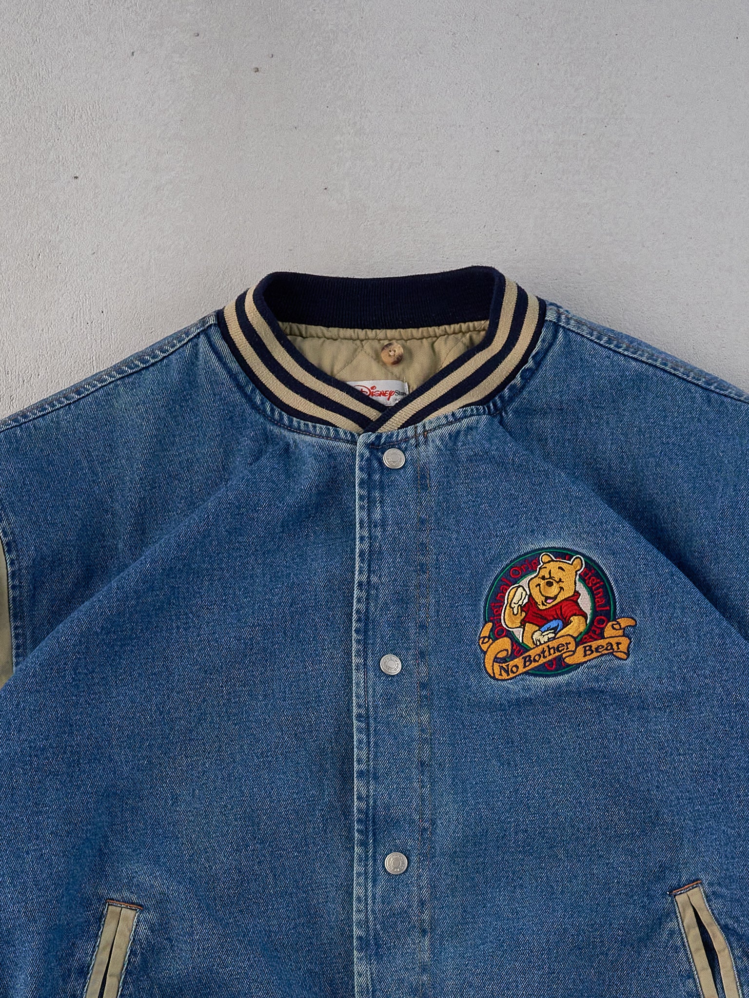 Vintage Y2k Blue and Beige Winnie The Pooh Denim Bomber Jacket (L)