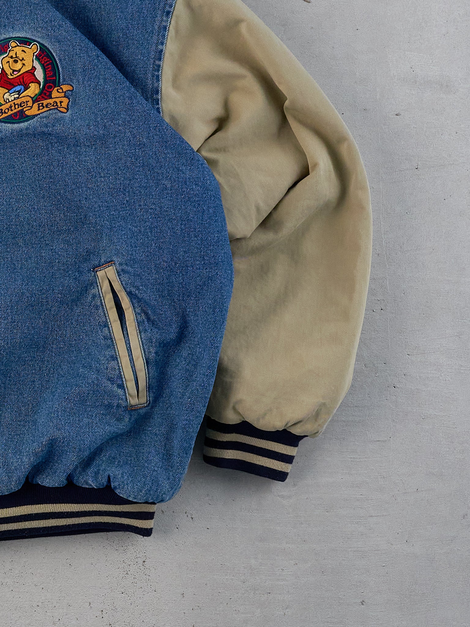 Vintage Y2k Blue and Beige Winnie The Pooh Denim Bomber Jacket (L)