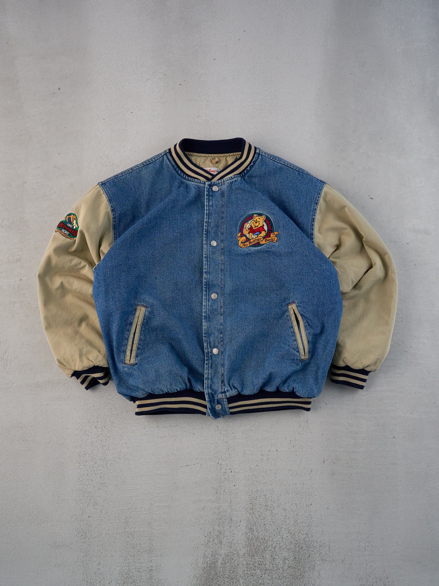 Vintage Y2k Blue and Beige Winnie The Pooh Denim Bomber Jacket (L)