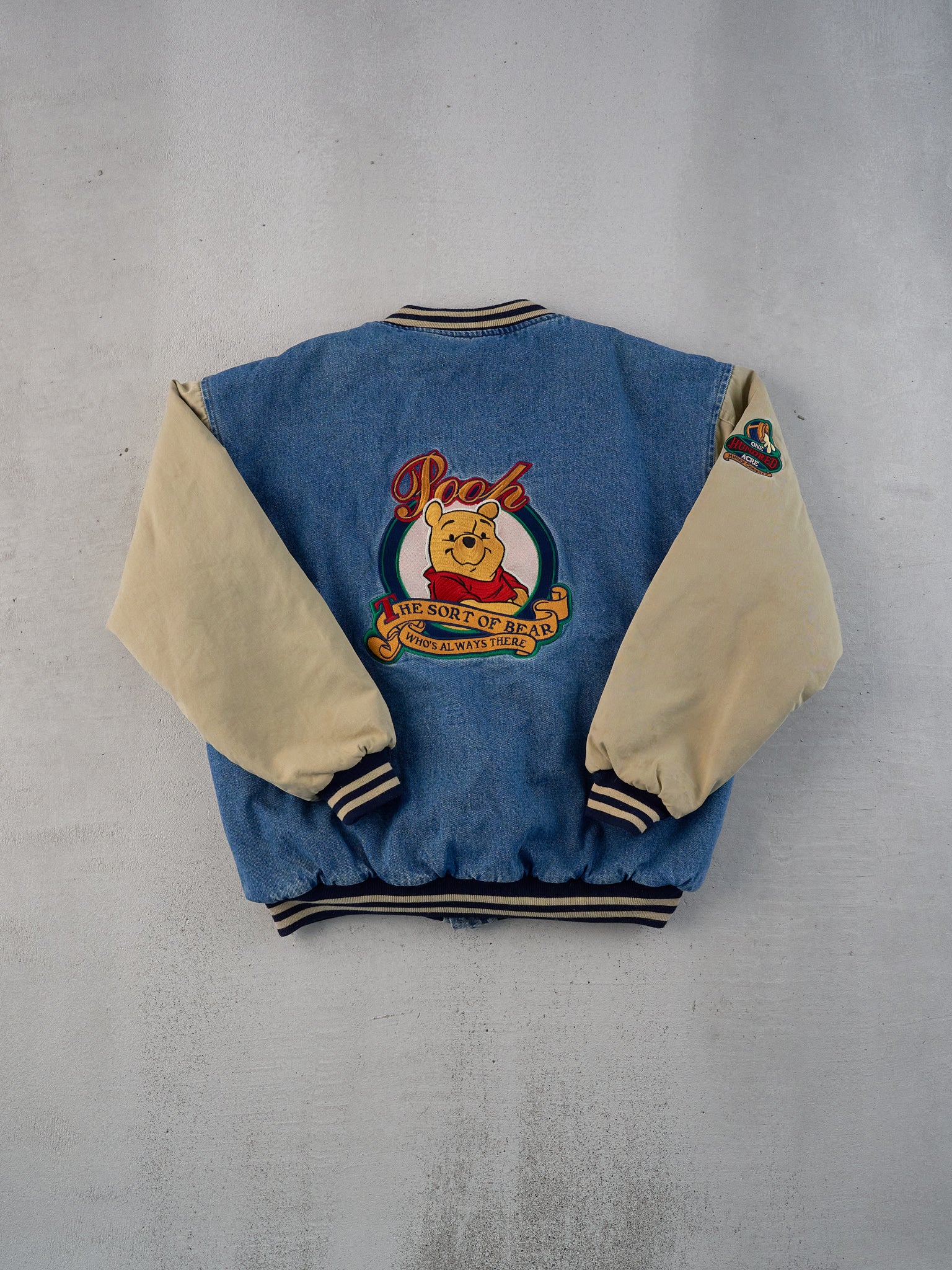 Vintage Y2k Blue and Beige Winnie The Pooh Denim Bomber Jacket (L)