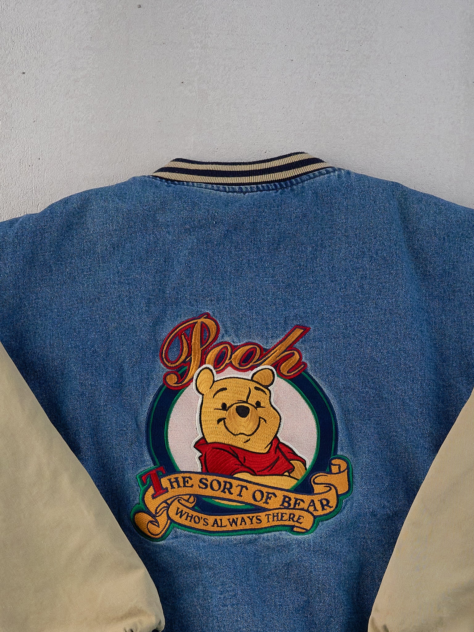 Vintage Y2k Blue and Beige Winnie The Pooh Denim Bomber Jacket (L)