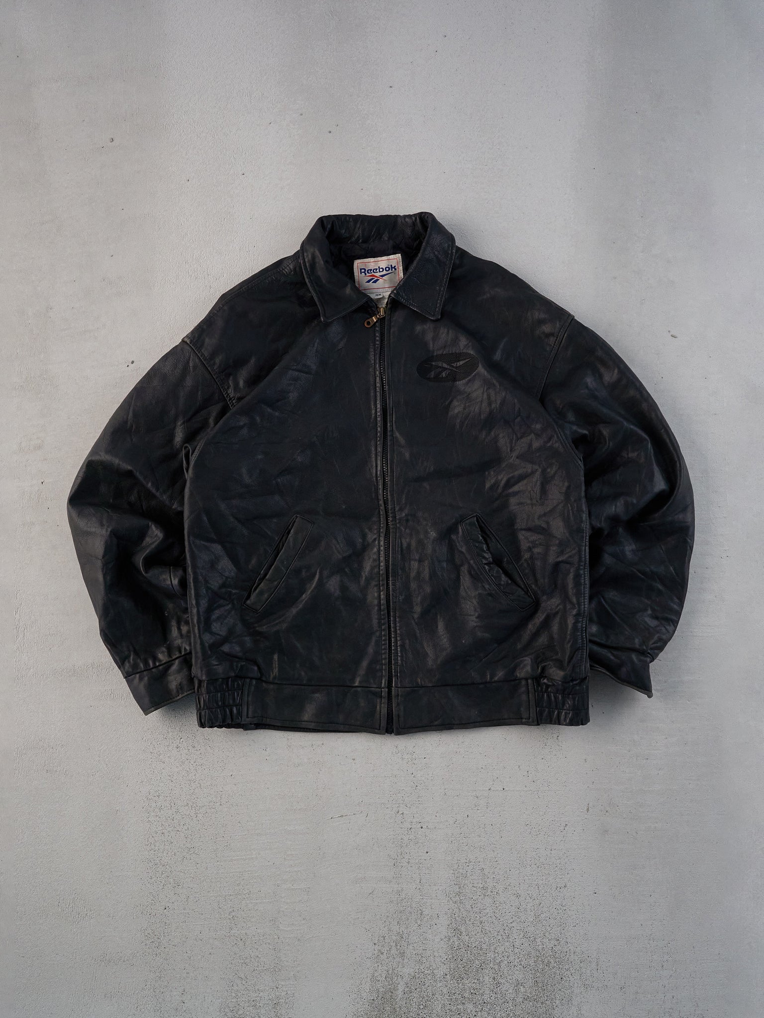 Vintage 90s Black Reebok Collared Leather Jacket (L)